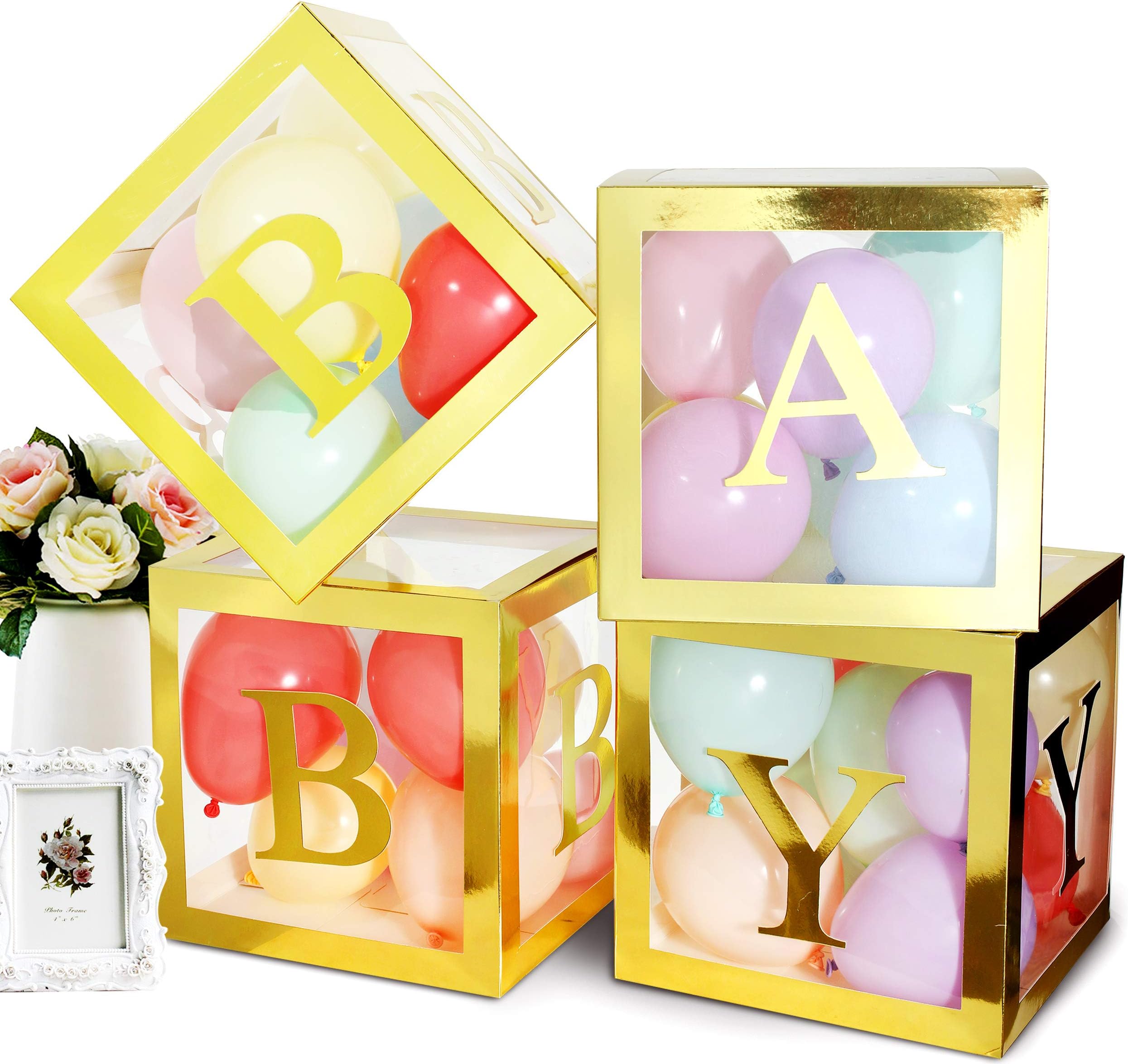 Baby Shower Balloon Boxes Party Decorations, 4 pcs Gold Transparent Boxes Decor for Boys Girls Baby Shower Showers Gender Reveal Birthday Party Backdrop Decorations