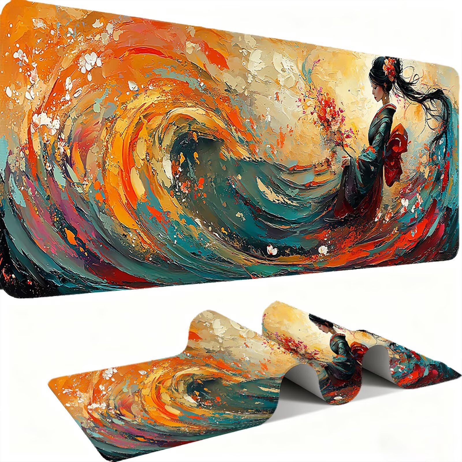 Podkładka pod mysz 1200 x 600 mm Podkładka pod mysz dla graczy, bardzo cienka podkładka na biurko antypoślizgowa gumowa podstawa zmywalna ulepszona prędkość dla PC, komputera, pracy - japońska gejsza