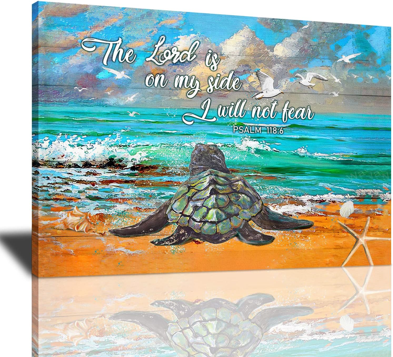 Sea Turtle Bathroom Wall Art Coastal Beach Blue Ocean Decor Canvas for Wall Colorful Turtle Pictures for Bedroom Living Room Office Framed Quotes The Lord Is on My Side I Will Not Fear 16"x12"