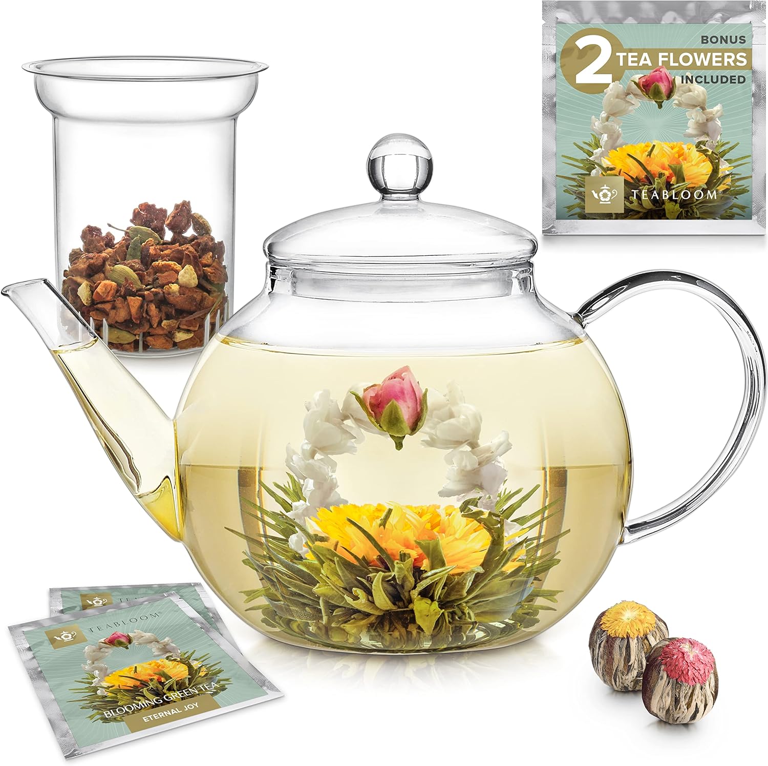 Teabloom Stovetop & Microwave Safe Glass Teapot (40 OZ / 1.2 L) with Removable Loose Tea Glass