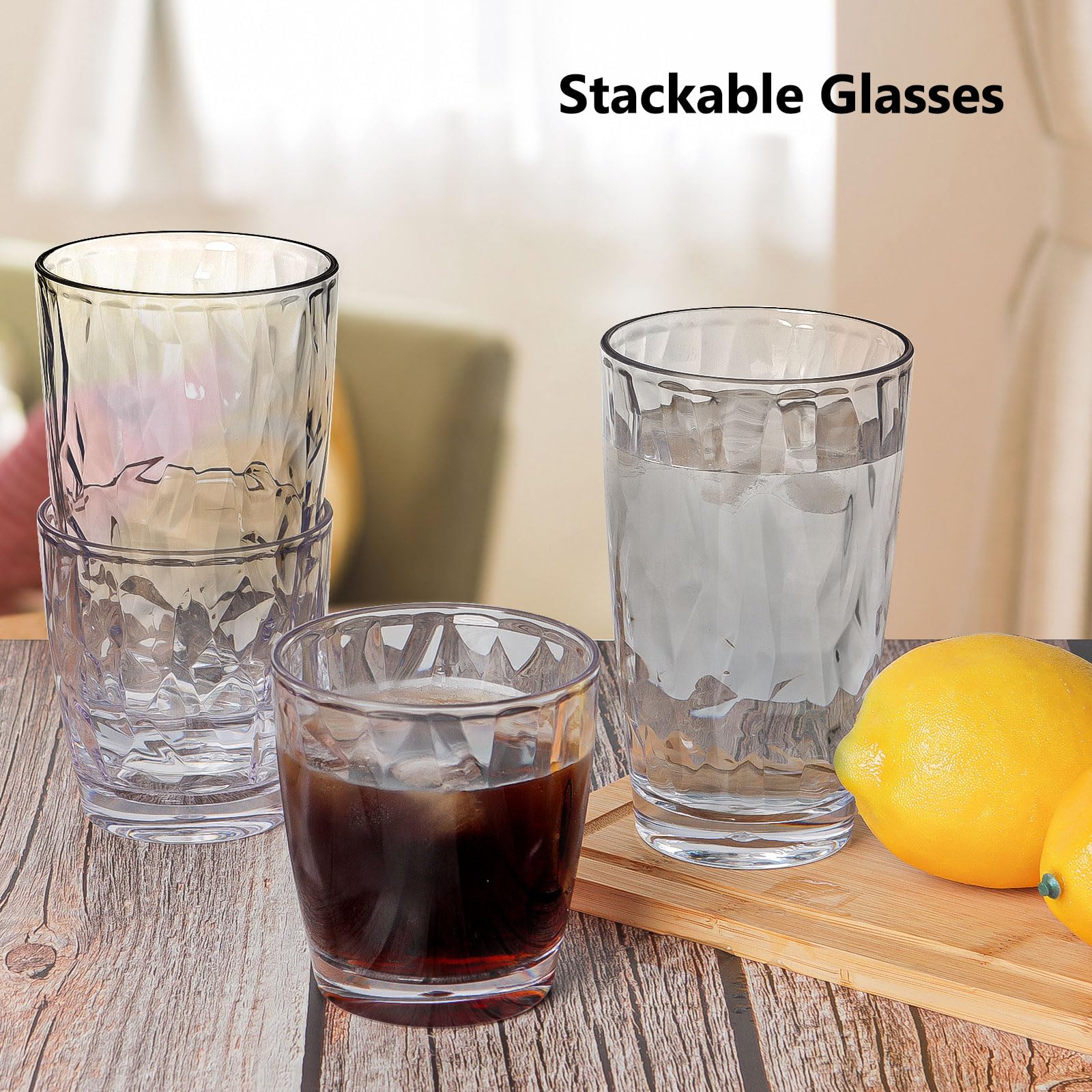 Vasos de plástico irrompibles para bebidas, vasos de vino de acrílico para fiestas de picnic en casa, aptas para lavavajillas, apilables, 8 unidades cada uno: 10 onzas y 16 onzas en transparente