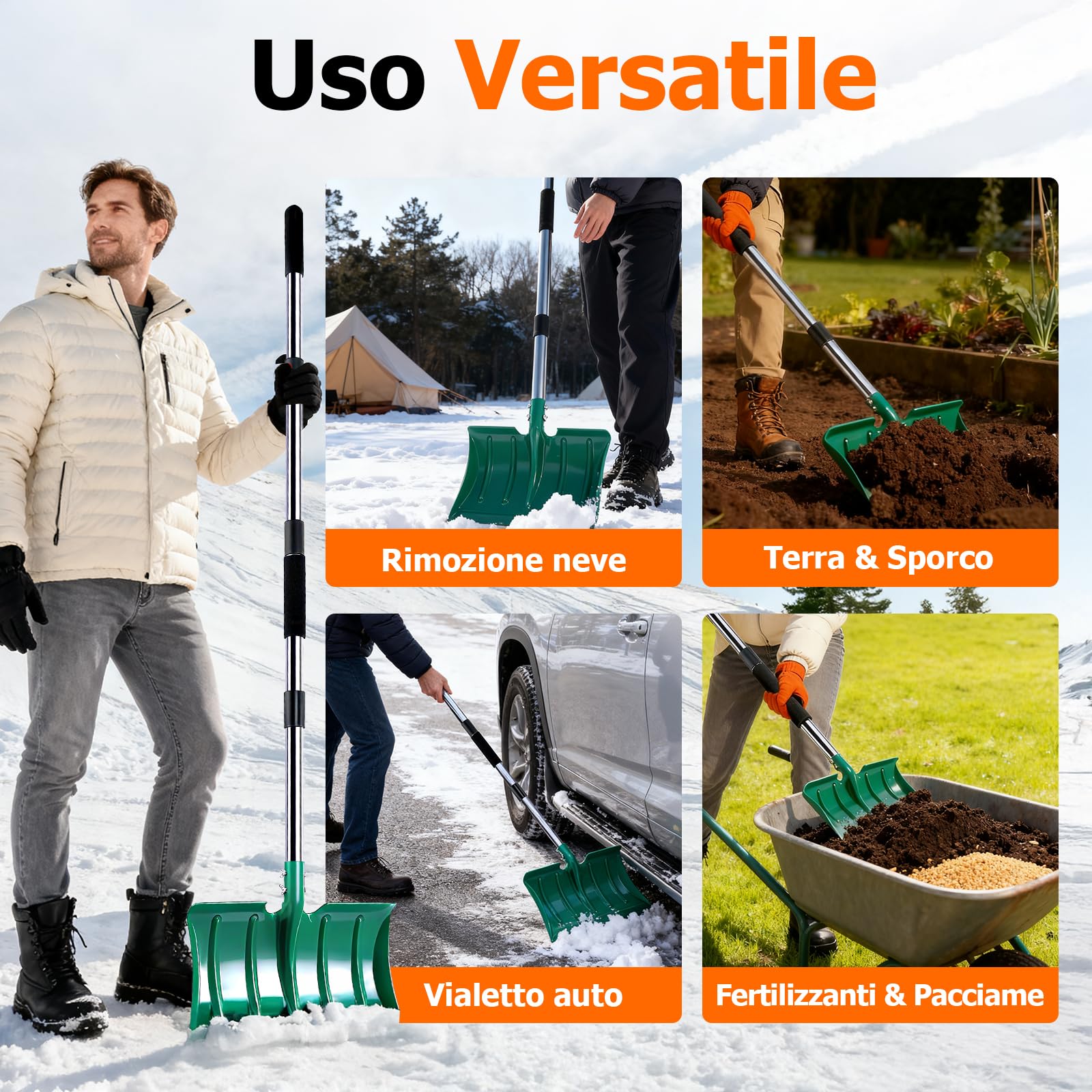 Pala da neve con manico lungo 163 cm, in metallo ad alta resistenza con pala larga 41 cm, manico ergonomico lungo e schiuma anti-gelo per la rimozione della neve di vialetti, auto, pacciamatura, terra