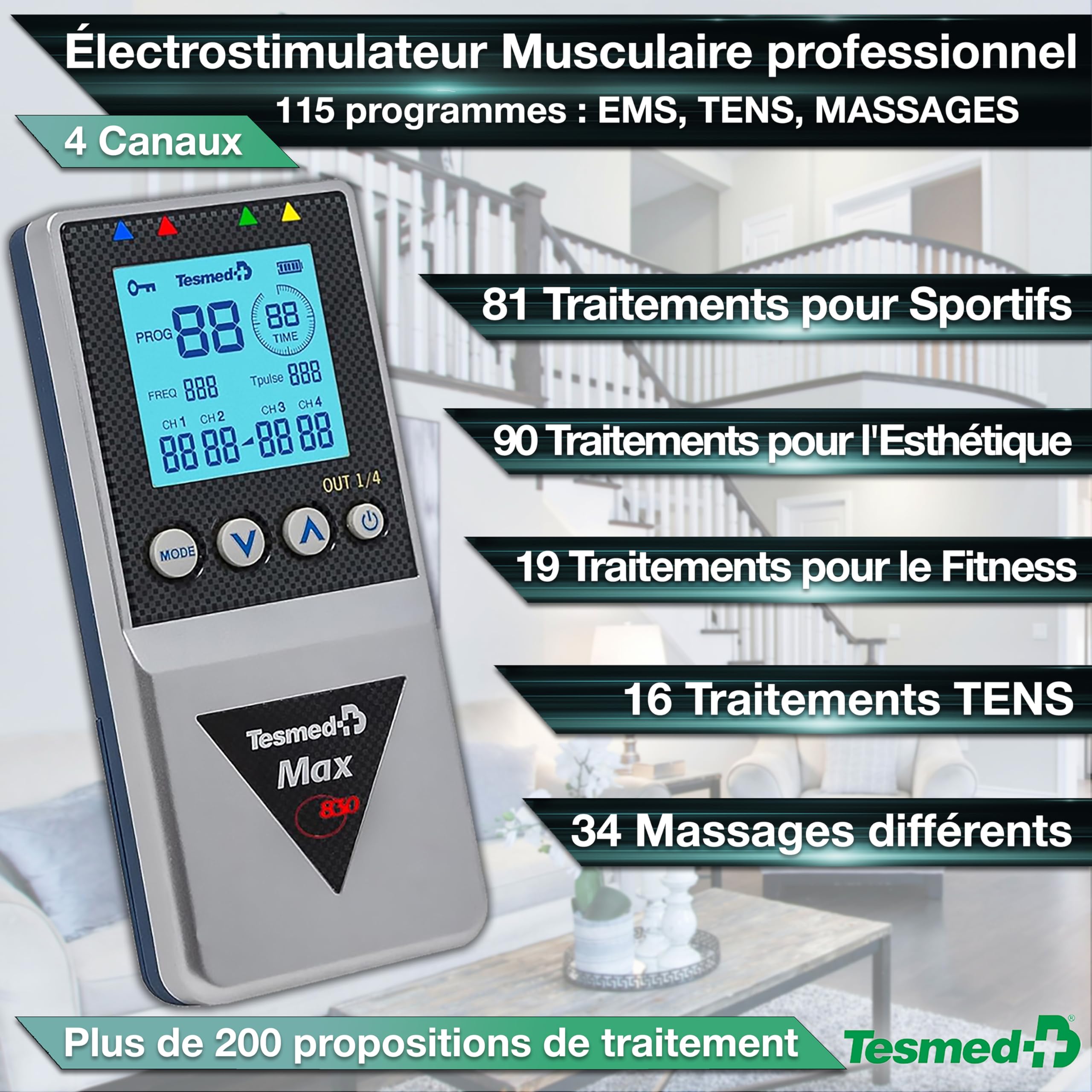 TESMED Max 830: Electrostimulateur Musculaire Professionnel Tens/EMS/Massage avec Stimulation Séquentielle, 4 Canaux, 115 Programmes Dont 20 Personnalisables, Rechargeable, Inclus 20 Électrodes