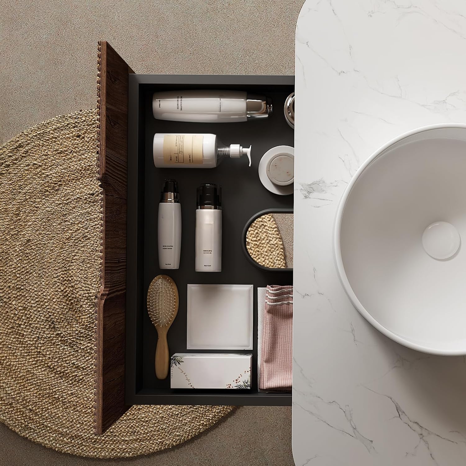 24" Floating Bathroom Vanity with Sink, Modern Bathroom Storage Cabinet with Ceramic Bowl Shape Basin and Marble Top, Large Storage Drawer, Soft-Close Design, Pre-Assembled, Dark Walnut