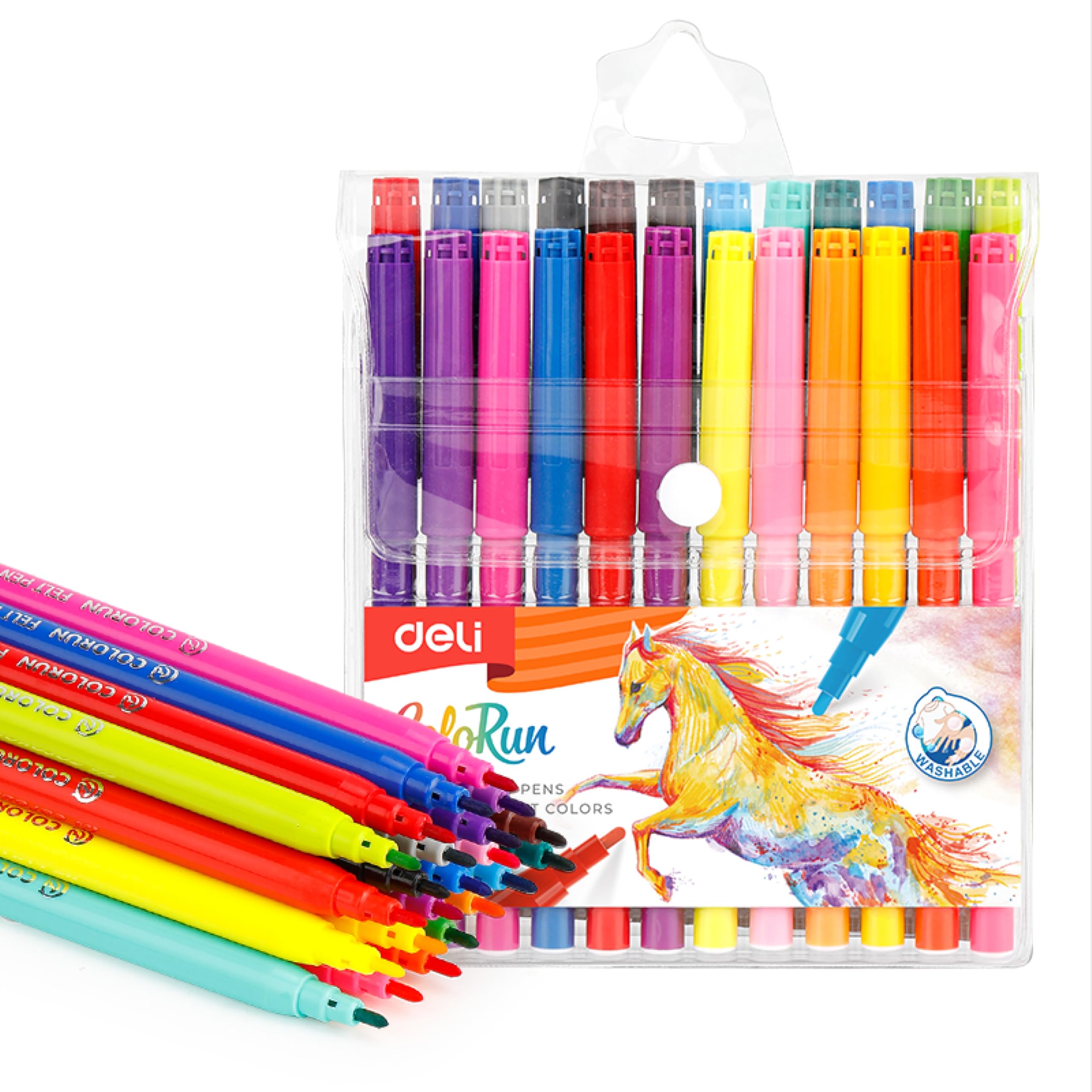 deli Felt Pen 24 Colours - Bright Coloured Felt-Tip Pens for Adults & Kids, Dual Tip, Thin & Thick Nibs, Watercolour & Colouring Pens Set — image 1