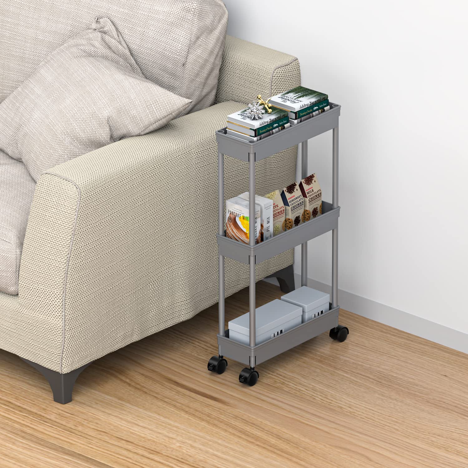 Sooyee Chariot de Rangement Fin à 3 Niveaux pour Salle de Bain, Chariot de Rangement Coulissant, étagère Mobile pour Bureau, Salle de Bain, Cuisine, buanderie, endroits étroits, Gris