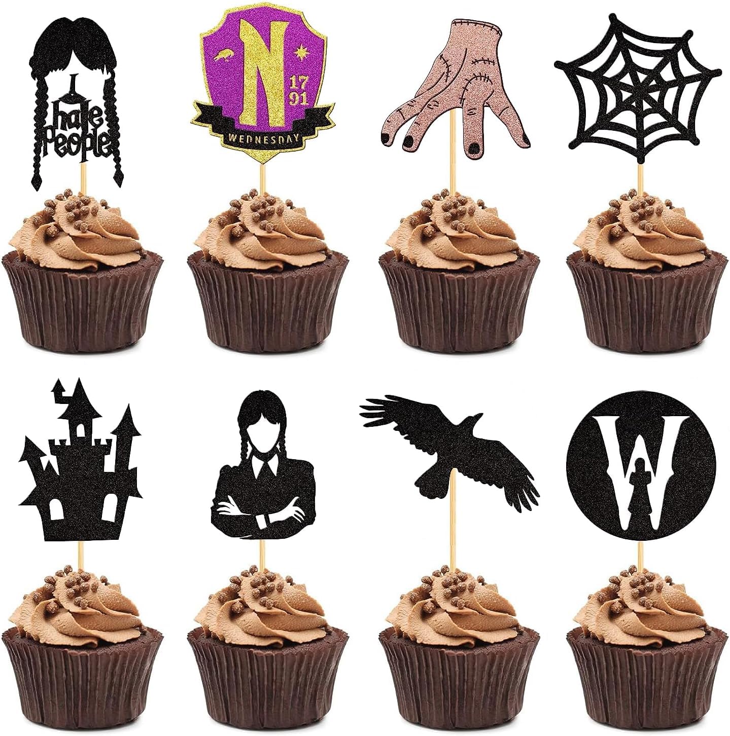 Confetti! 24 PCS Horror Wednesday Cupcake Toppers Glitter Wednesday Happy Birthday Cupcake Toppers for Horror Wednesday Boys Girls Birthday Party Cake Decorations Supplies