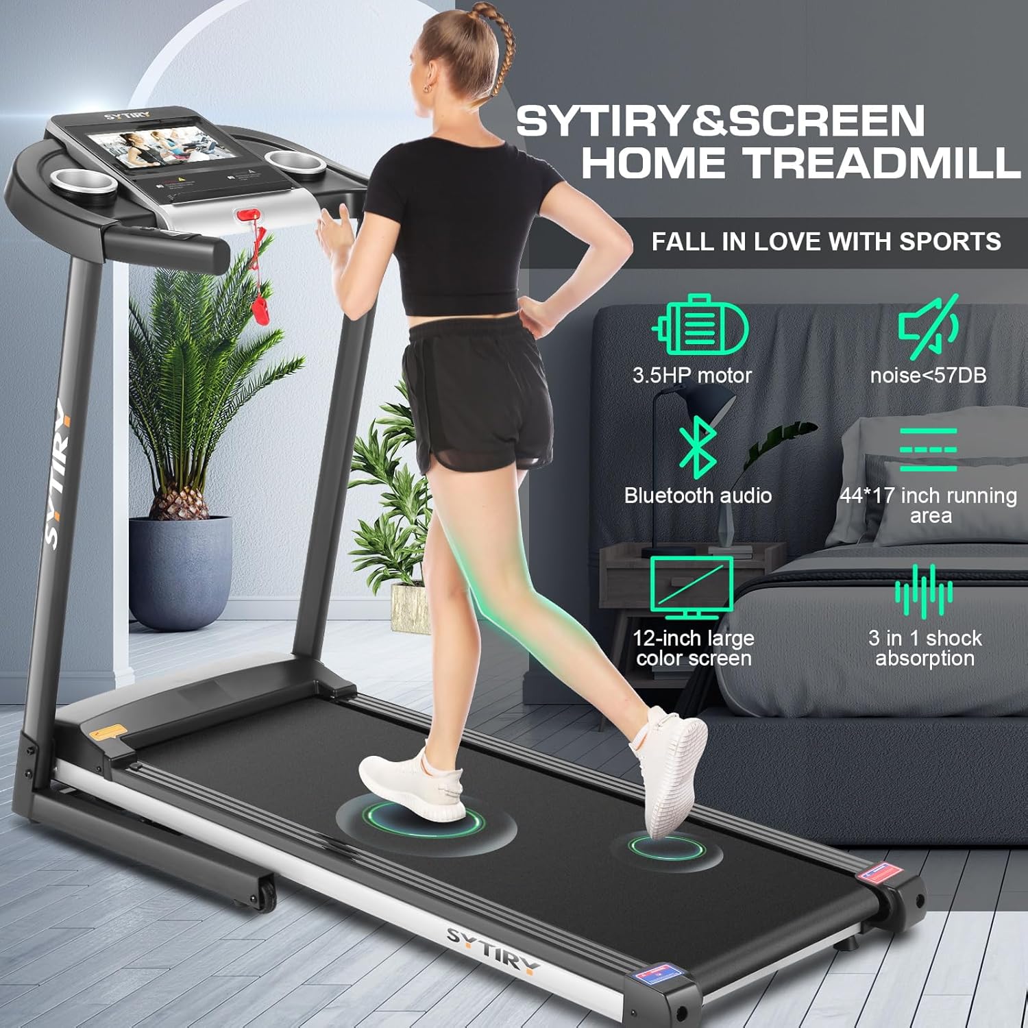 SYTIRY Treadmills for Home with TV Screen and WiFi,Smart Foldable Treadmill Machine,3D Virtual Sports Scene,HiFi Speakers,Popular APP for Social Networking,Video,and Search,Walking Pad Treadmill
