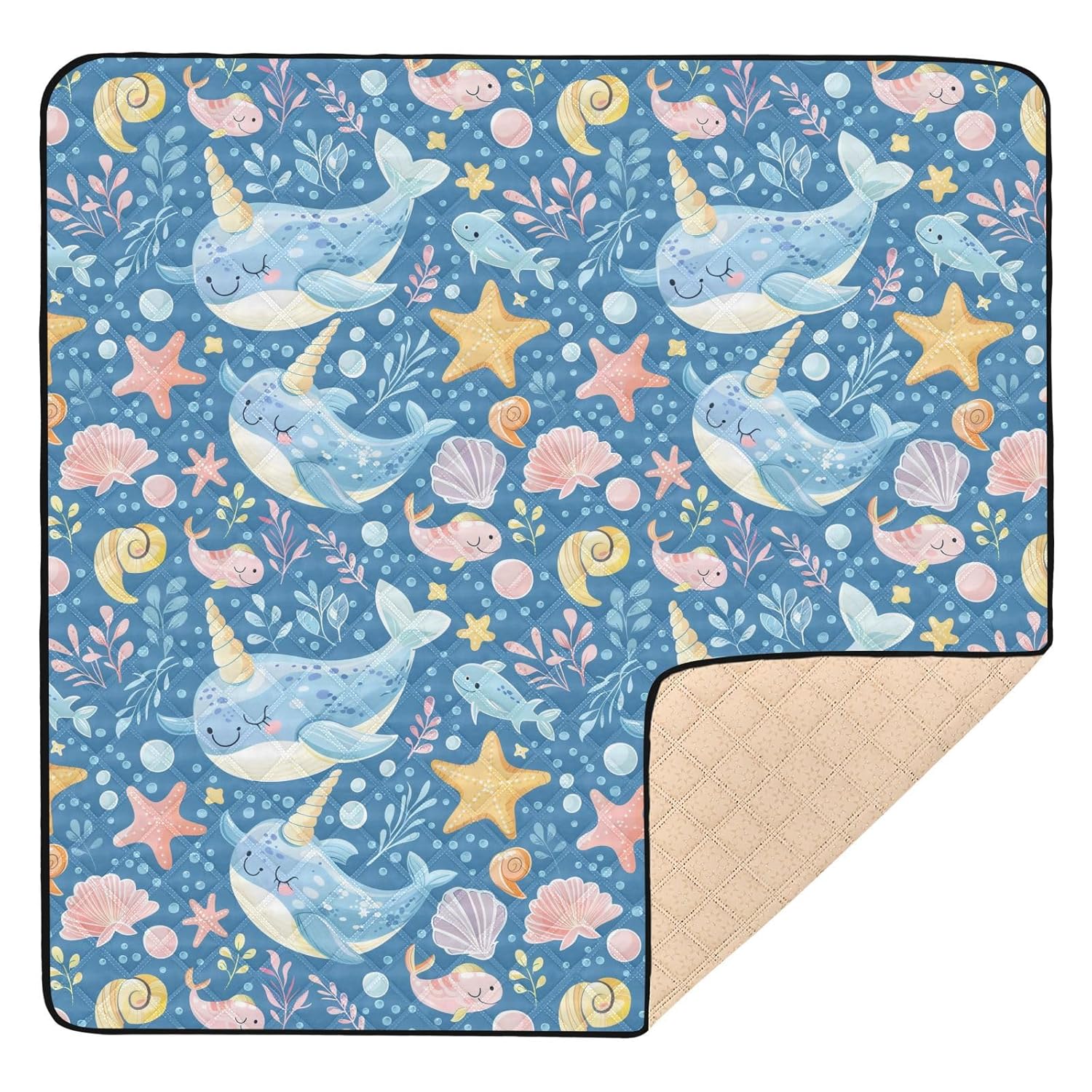 Baby Play Mat Narwhal Sea Pearl Blue 50 x 50 Playpen Mats for Floor Play Gym Crawling Mat Non-Slip Cushioned Baby Playmat for Infants, Babies, Toddlers