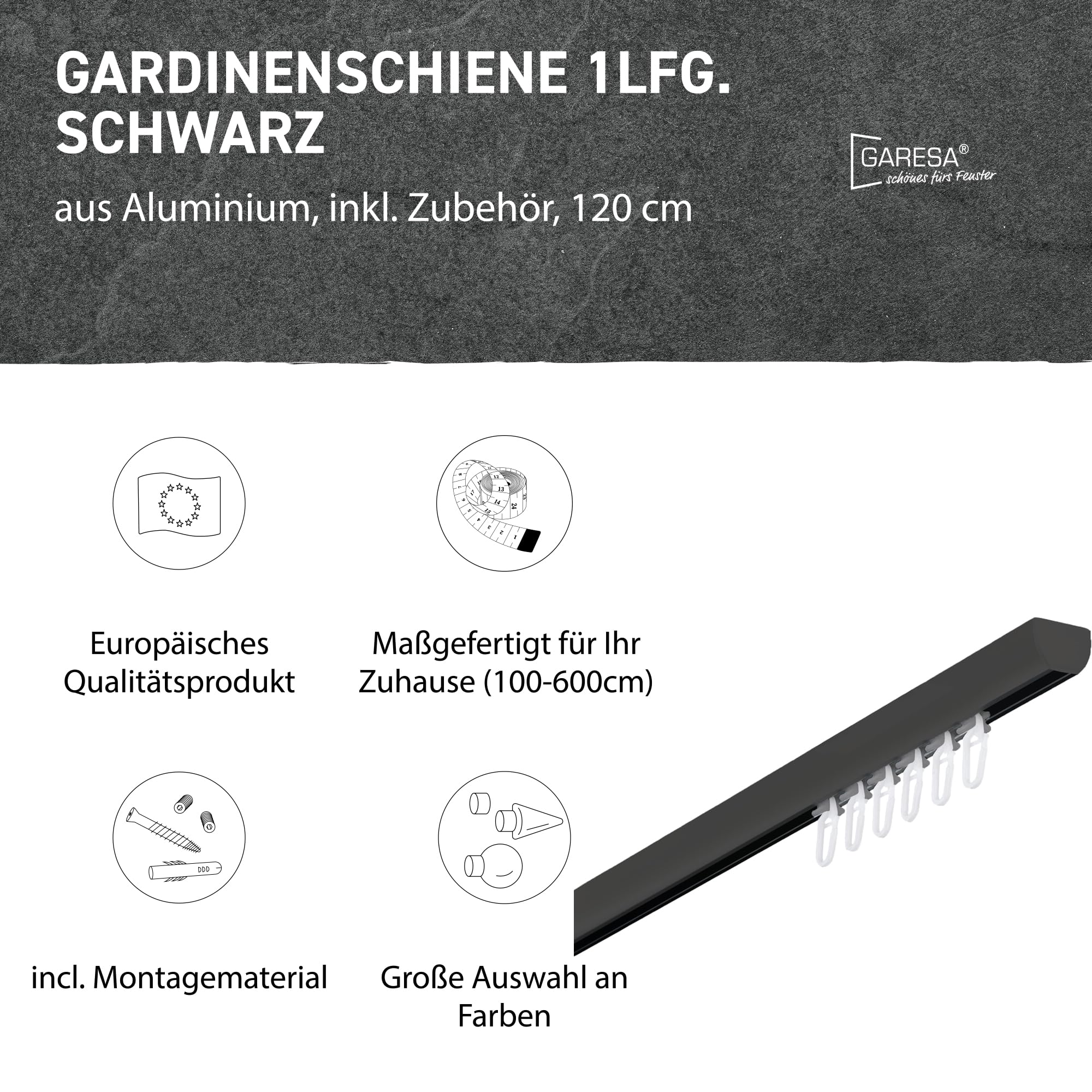 Garesa Gardinenschiene Profil 400, 1-läufig, Schwarz I Aluminiumschiene inkl. Gleiter I Deckenmontage I Halbrunde Vorhangschiene I 120cm