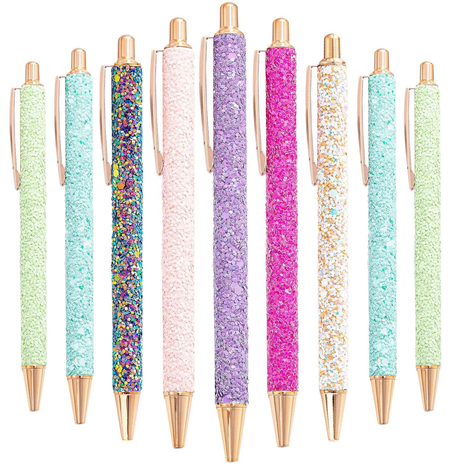 9 PCS Metal Pens, Glitter Pens Cute Fun Pretty Pens, Retractable Pens for Women Girls Colorful Ballpoint Pens, Black Ink Medium Point 1.0 Mm Pretty Cute Sequins Pens Journaling Pens (Random Color)