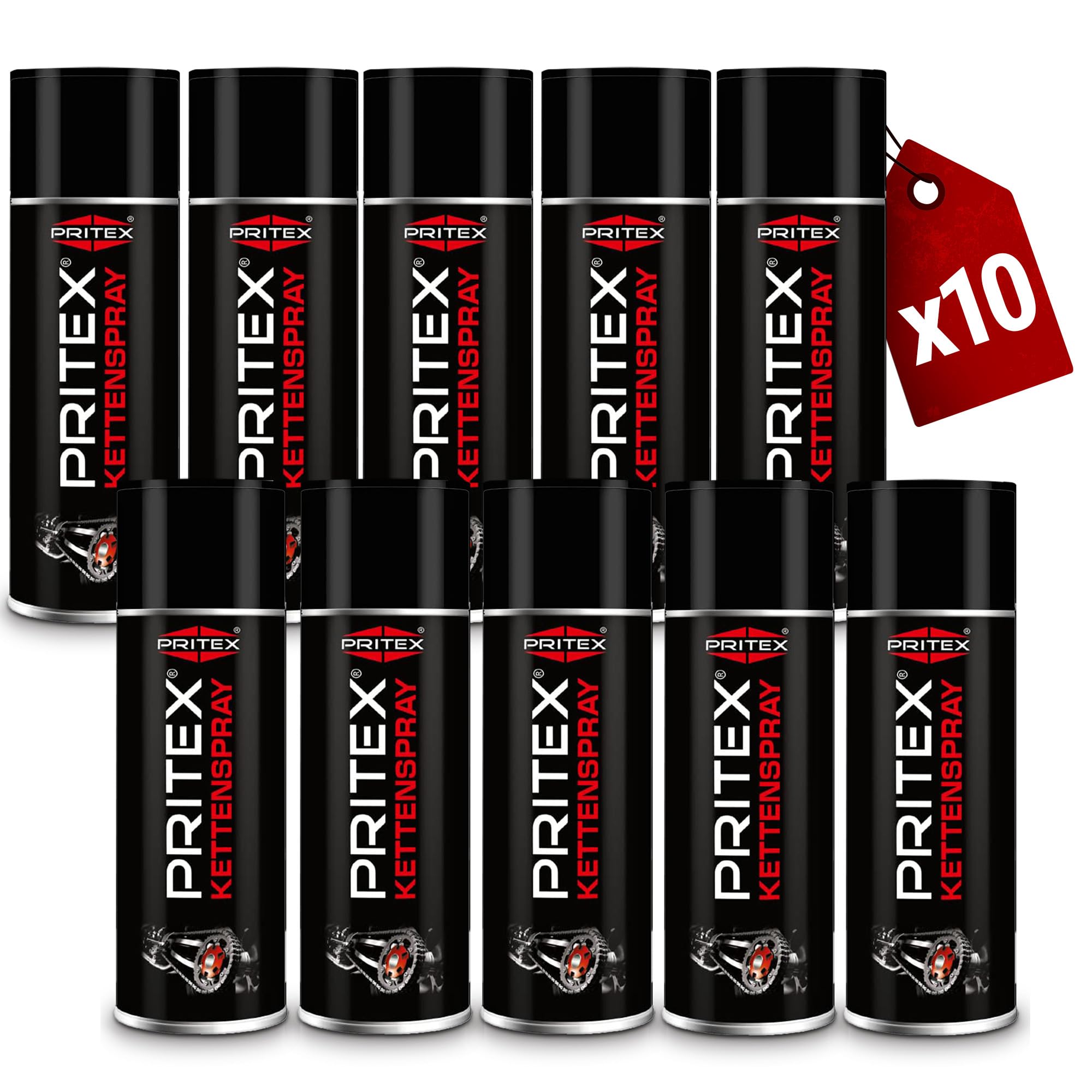 PRITEX – Kettenspray 10 x 400 ml für Motorrad & Fahrrad – Kettenfett bietet hohen Schutz vor Reibung, Verschleiß & Korrosion – Schmiermittel Spray mit sehr guter Haftung & Schmierleistung – Kettenöl
