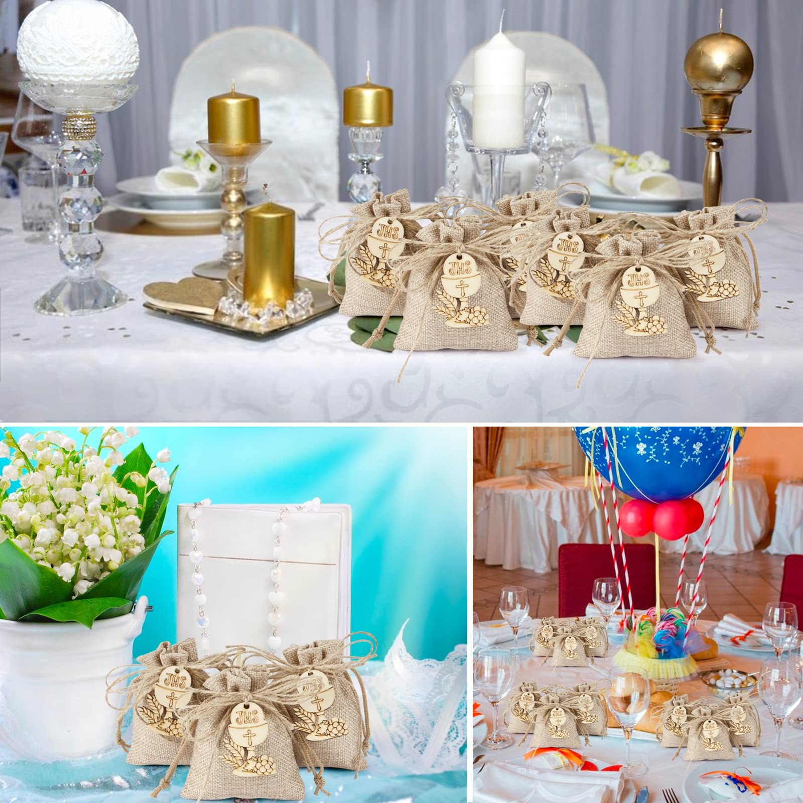 Set 24 Sacchetti Bomboniere In Iuta Con Calici Legno - Per Cresima, Comunione, Battesimo E Matrimonio - Foto 12