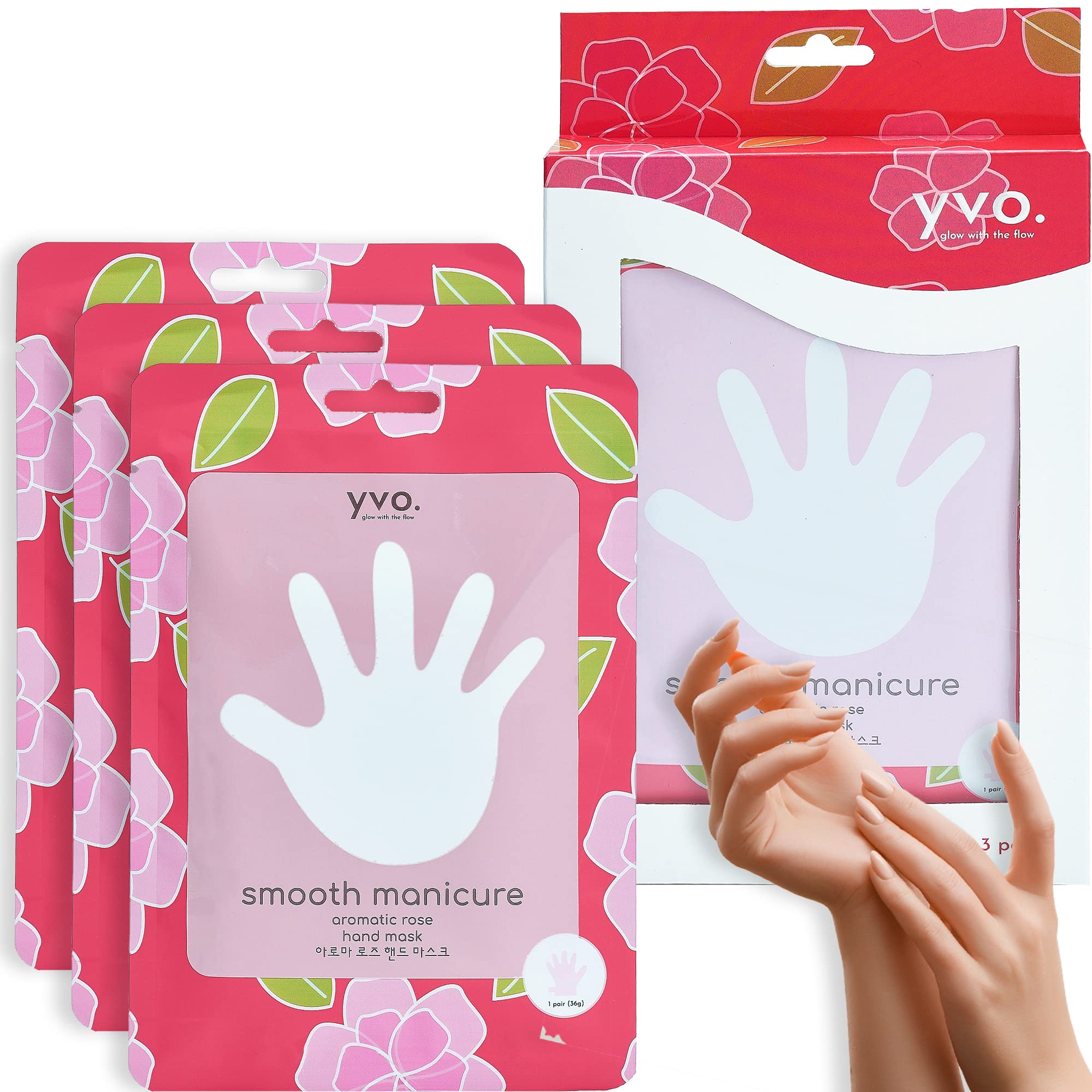 Yvo Smooth Manicure Aromatic Rose Oil Hand Mask - Moisturizing Gloves Mask - Stress Reliever, Dry Hand - Vitamin E and Niacinamide - 3 pairs / 1 Box