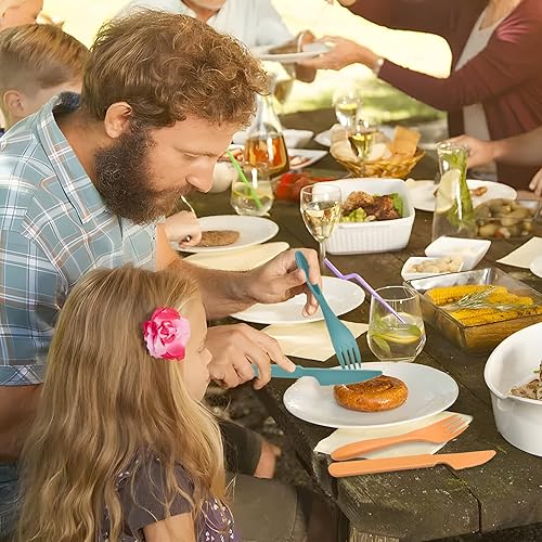 Miniatura 6 de Juego de utensilios de viaje reutilizables con estuche, 4 juegos de plástico portátil para cuchillo, tenedor, cucharas, vajilla para niños y