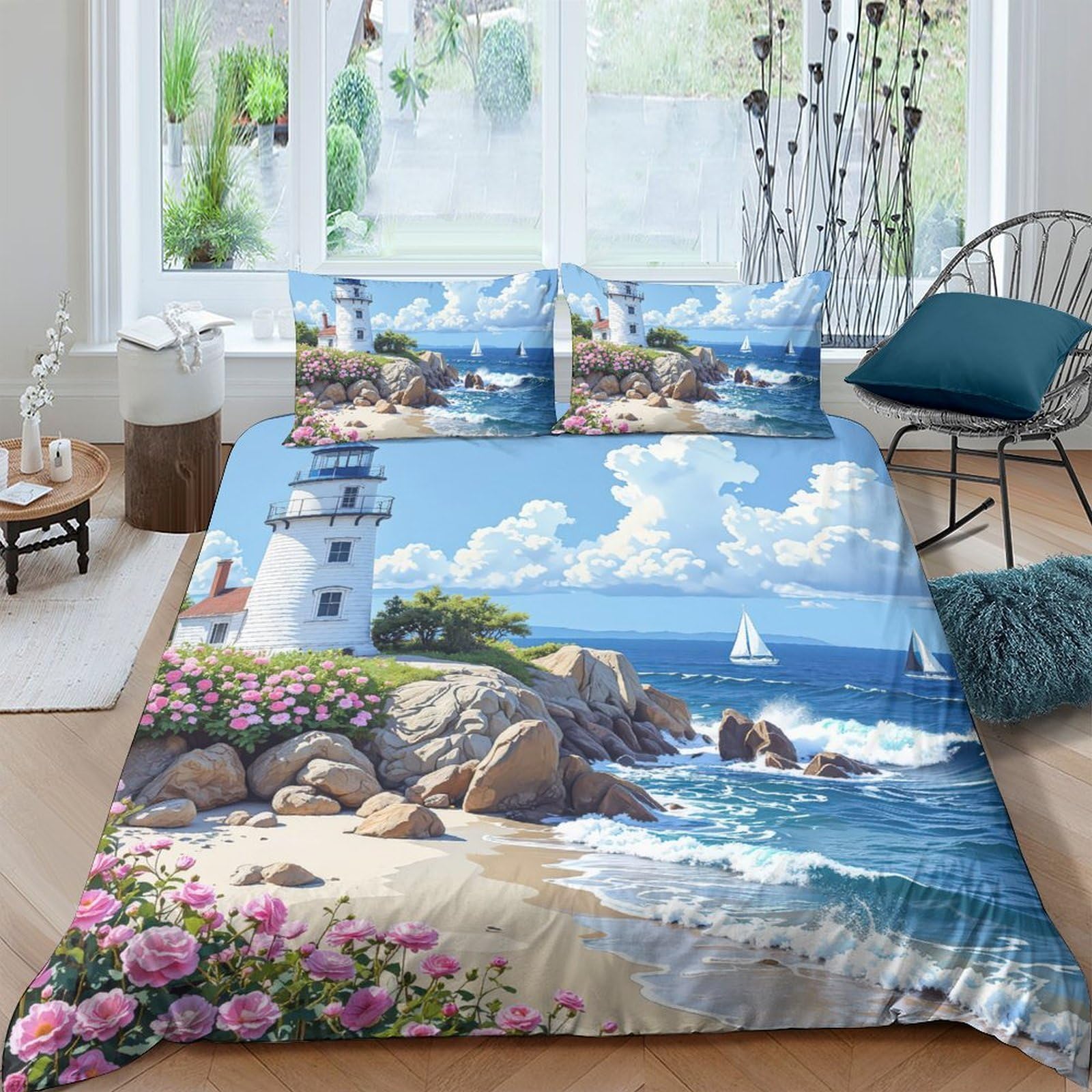 Ctjqhvkz Style-10 3D Printed Lighthouse Seaside Fitted Sheet Microfiber Soft Blue Ocean Floral Mattress Cover For Bedroom Guest Room Decor Single（135X200cm）