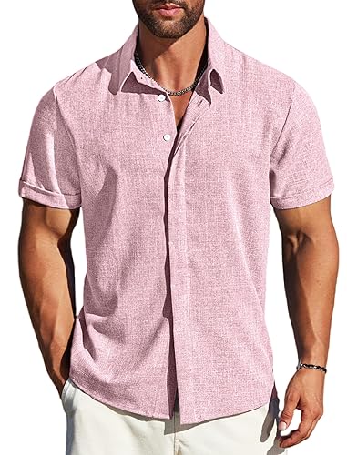MAPICK Men's Linen Shirts Short Sleeve Button Down Casual Shirt Business Dress Clothing Beach Fashion Summer Tops - Pink - Small