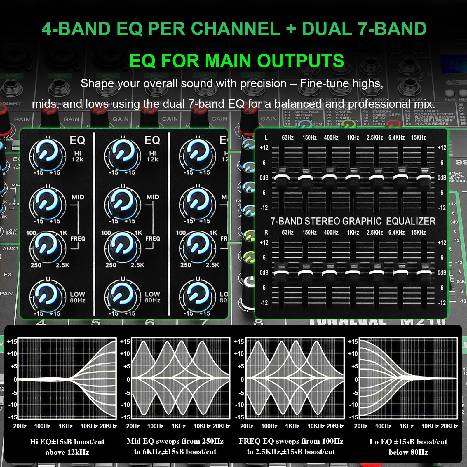 TONALUXE 10 Channel Mixer Audio, Professional Music Sound PA Mixer DJ Mixing Board Console with 99 DSP Effects, Dual 7-Band EQ, Bluetooth, USB Interface, PAD, MUTE Button for Recording Stage Karaoke