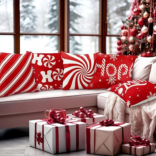 Miniatura 5 de Buryeah Juego de 6 fundas de almohada de Navidad de 18 x 18 pulgadas, fundas de almohada decorativas de bastones de caramelo, fundas de almohada
