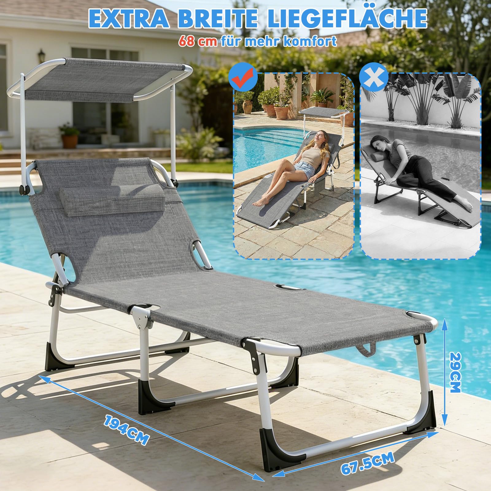 Huracan Groß Sonnenliege klappbar, Gartenliege mit Dach, Liegestuhl mit 4-Fach Verstellbarer Rückenlehne & Seitentasche, wetterfeste Strandliege bis 100kg belastbar, für Garten Pool, Grau