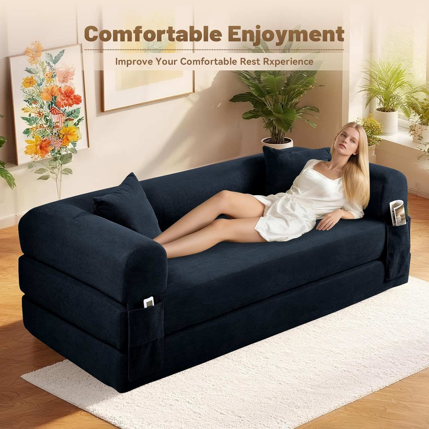 80 Inch Convertible Sofa Bed,Folding Pull Out Couch with Pillows & Storage Pocket,Corduroy Queen Sleeper Sofa in a Box,No Assembly Boneless Couch for Living Room,Deep Blue