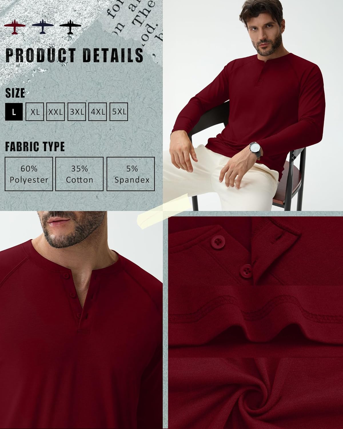 Riyiper 3 Pack Men's Big and Tall Henley Shirts Long Sleeve L-5XL Raglan Loose Casual Stretchy Tops Fall Basic Tee - Image 5