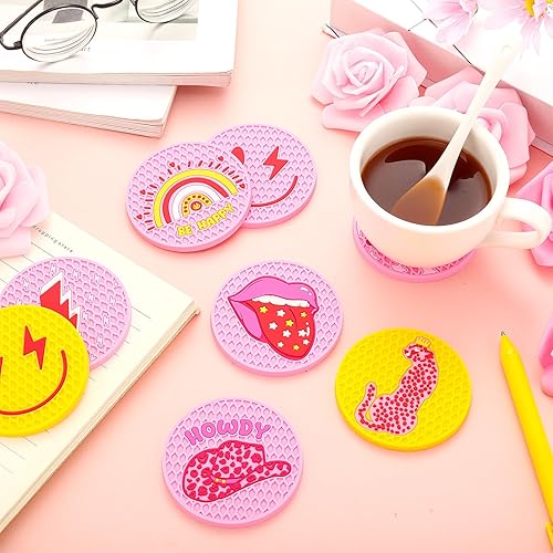 Miniatura 4 de Lallisa 8 posavasos rosa para automóvil, portavasos de preppy, accesorios para automóvil, diseño de leopardo rosa, sonrisa, cara, portavasos