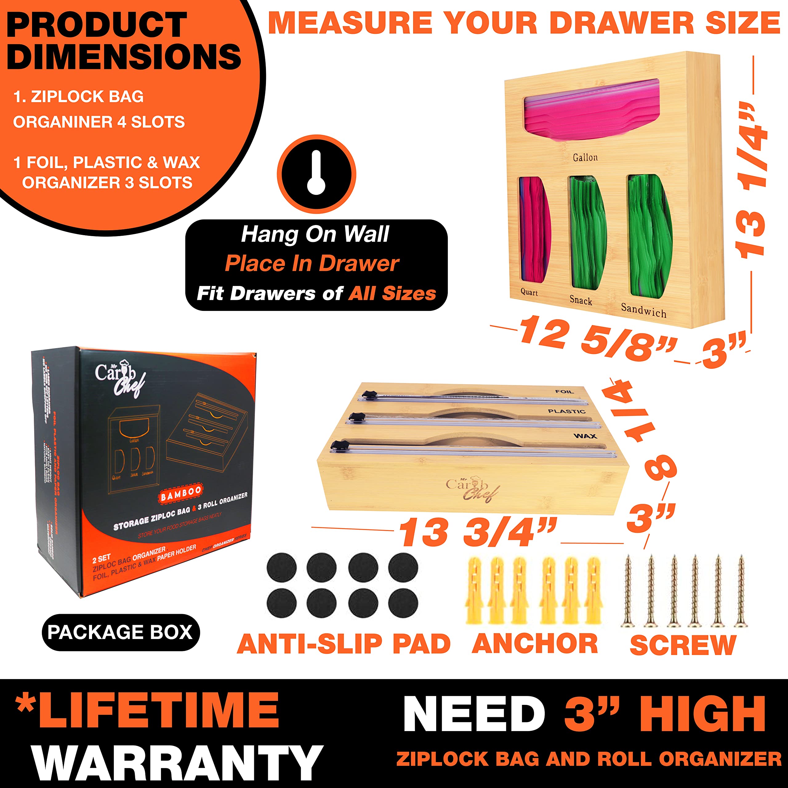 Ziplock Bag Storage Organizer for kitchen Drawer | Plastic Wrap Organizer Dispenser with Cutter| Bamboo Ziploc Baggie Holder | Compatible with Ziploc Baggie Organizer | Bamboo Plastic Bag Dispenser for Gallon, Quart,Sandwich bags & Plastic Foil Wax Wrap holder