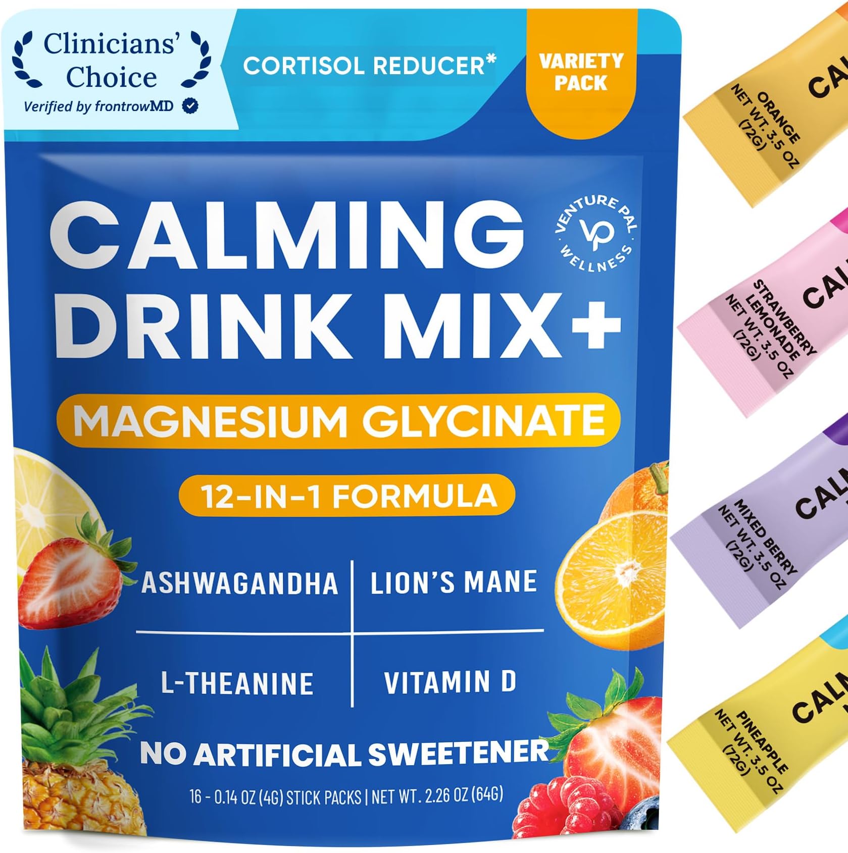 Calm Drink Mix, 12-in-1 Cortisol Reducer and Sleep Aid with Magnesium Glycinate, Ashwagandha, L-Theanine,Vitamin D, Calm Magnesium Powder for Relax & Focus, No Sugar, Non GMO