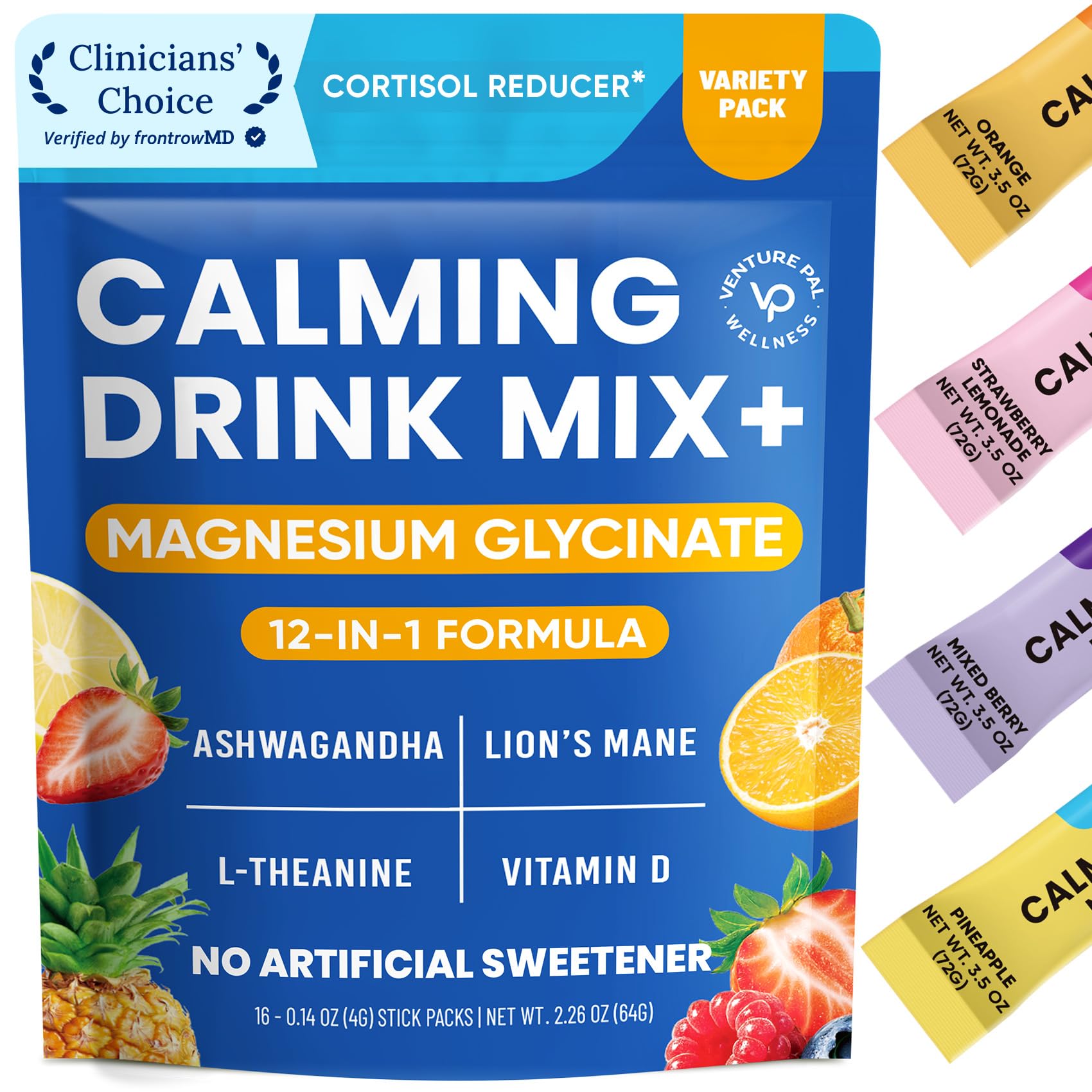 Venture Pal Calm Drink Mix, Cortisol Reducer and Sleep Aid with Magnesium Glycinate, Ashwagandha, L-Theanine,Vitamin D, Calm Magnesium Powder for Relax & Focus, No Sugar, Non GMO, Vegan & Gluten-Free
