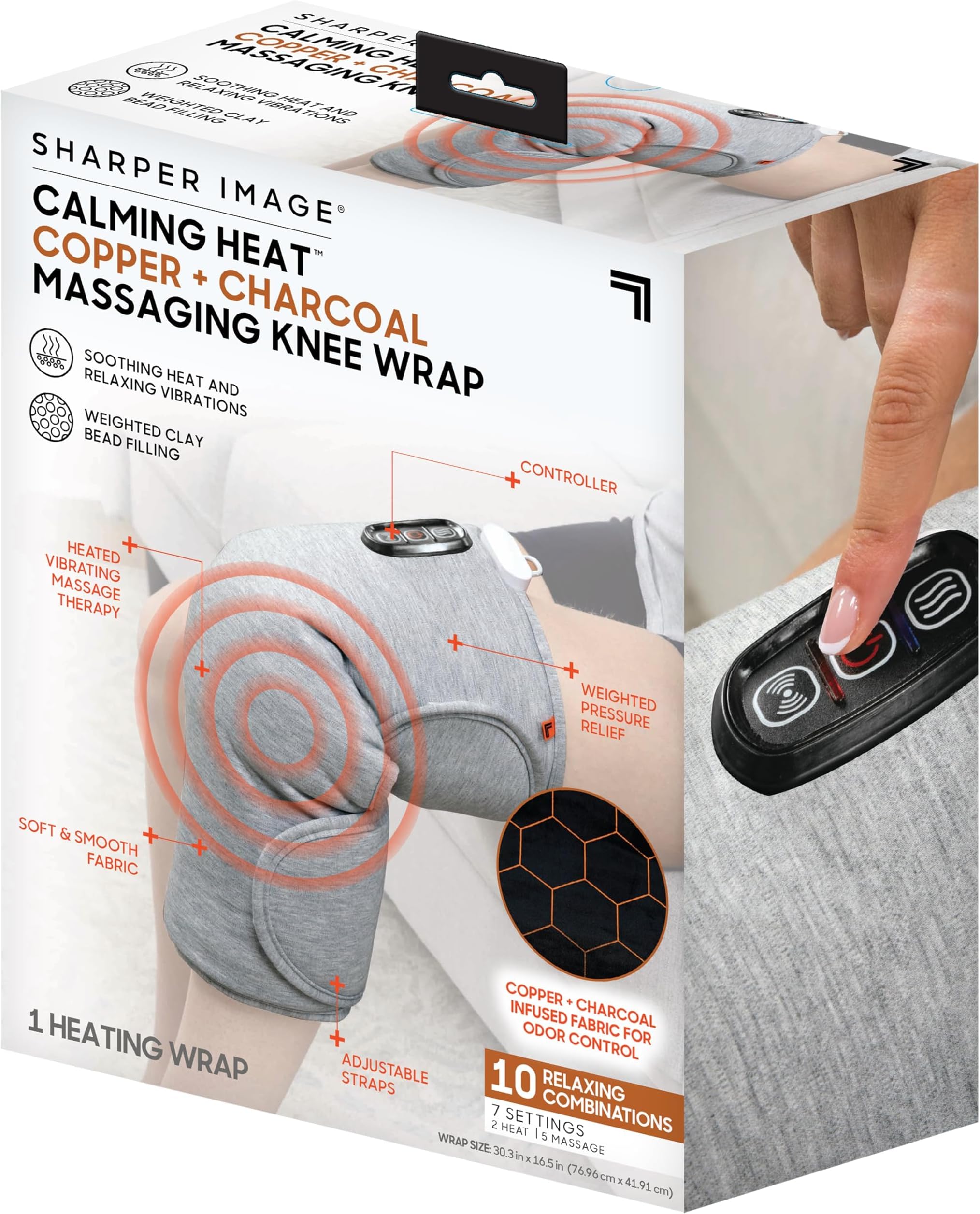 Calming Heat Knee Wrap by Sharper Image | Weighted Copper & Charcoal, Heating Pad, Auto Shut-Off Feature, Gift for Holidays, Women & Men | 2 Heat & 5 Vibrating Massage Settings, 30.3โ x 16.5โ