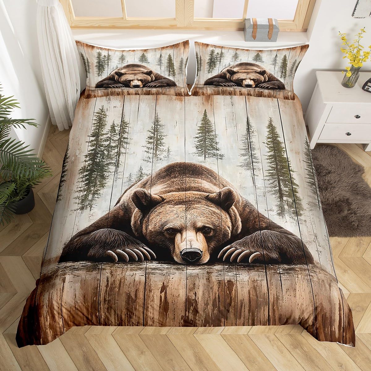 jejeloiu Cute Bear Comforter Cover Set Toddler Size Wild Animal Bedding Set Children Rustic Cabin Country Nature Wildlife Bear Bedding Duvet Cover Set Wood Grain Bedspread Cover 2Pcs,No Comforter