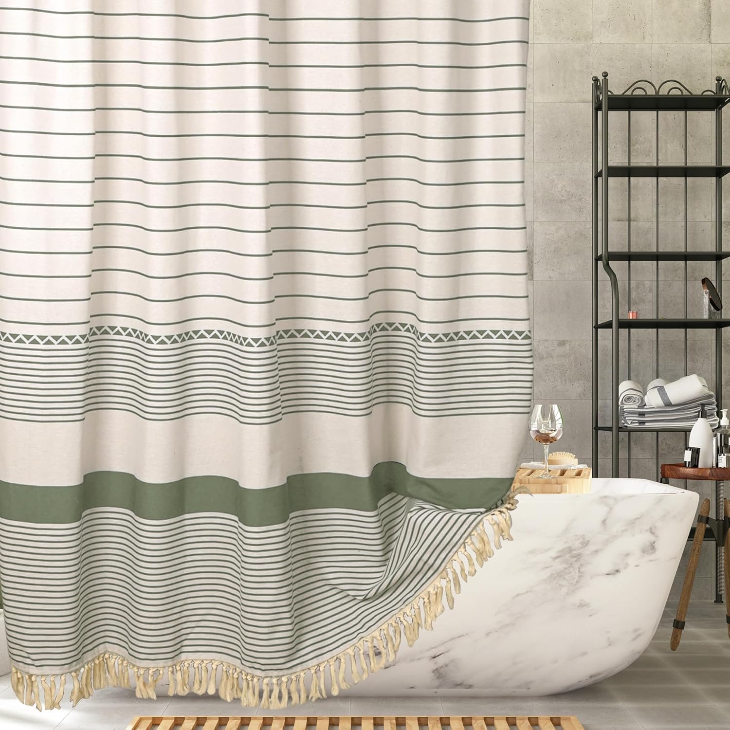 Green Linen Look Shower Curtain – Rustic Boho Farmhouse Style for Bathroom Decor, Waterproof & Wrinkle-Resistant Fabric, 72"x84" with 12 Hooks