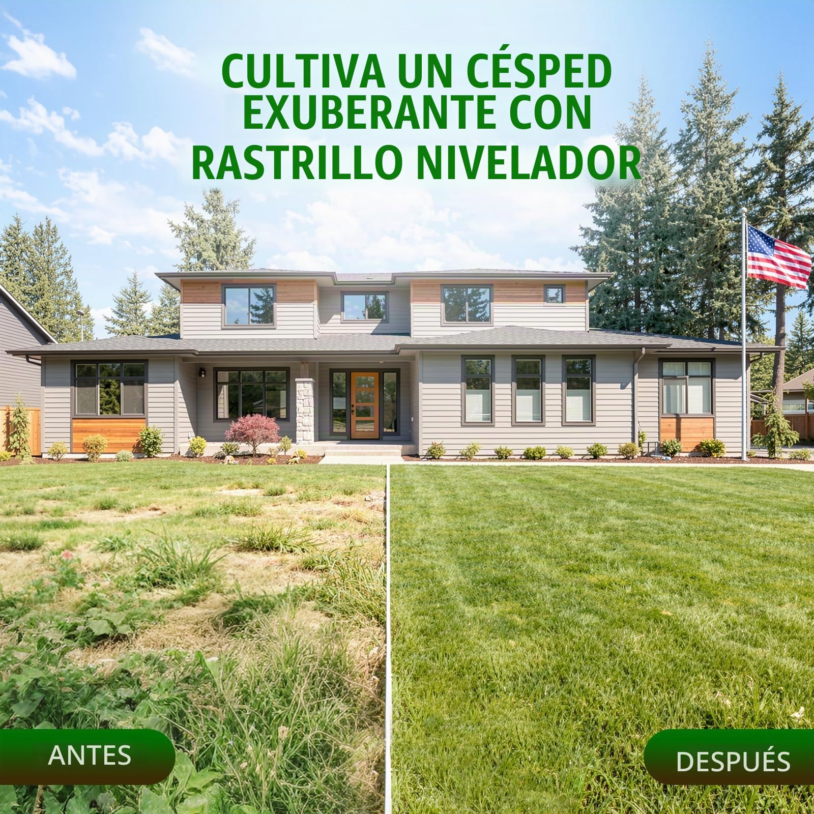 Housolution Rastrillo Nivelador de Césped 32"x10" | Borde Dentado & Placa Lisa, Acero Inoxidable Resistente, Mango Ajustable 72", para Suelo/Tierra/Composta/Césped Muerto/Grava