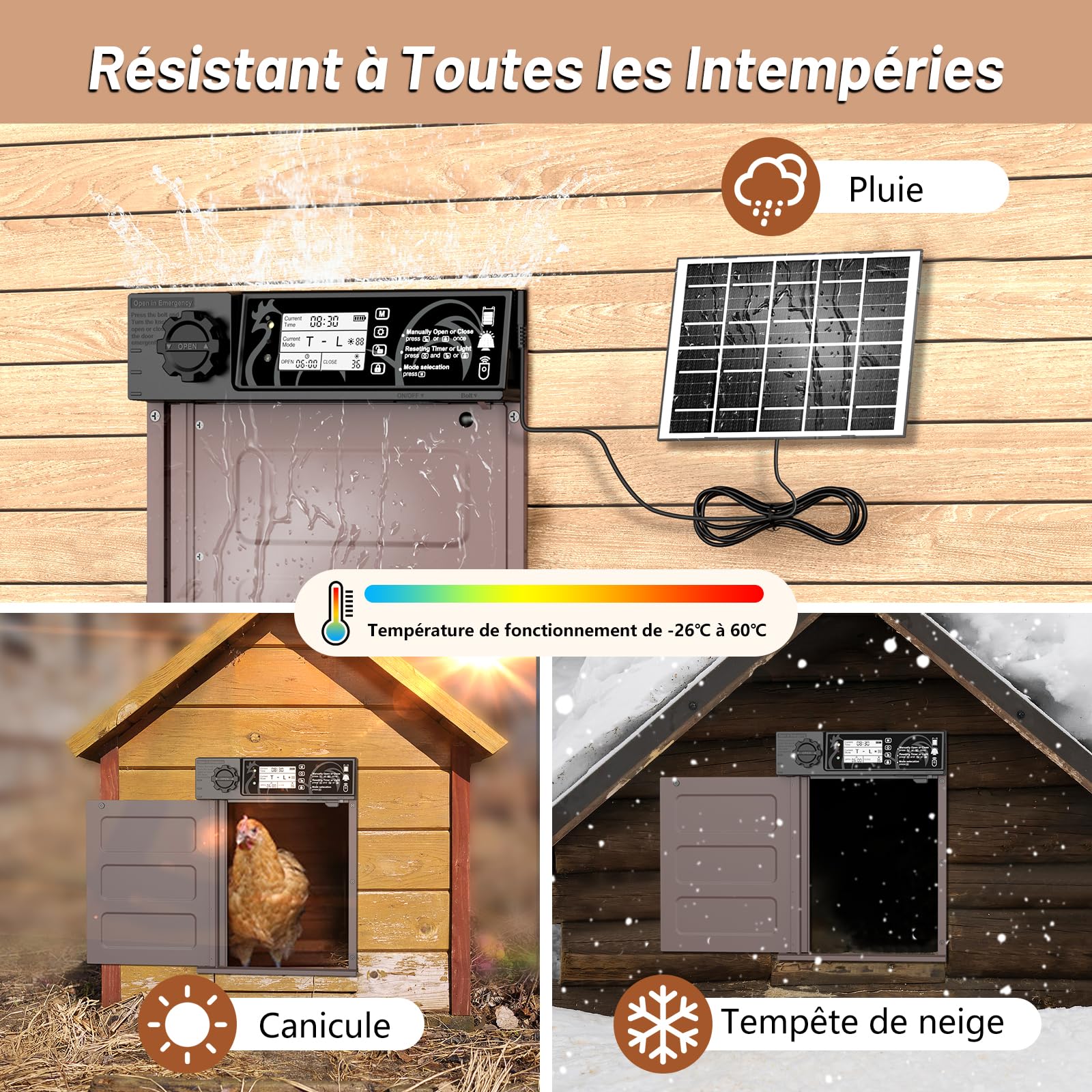 Grande Taille Porte Poulailler Automatique Solaire avec 7W Panneaux Solaires, Écran LCD, Porte Automatique Poulailler en Aluminium avec Capteur de Lumière, Minuterie, Fonction Anti-pincement