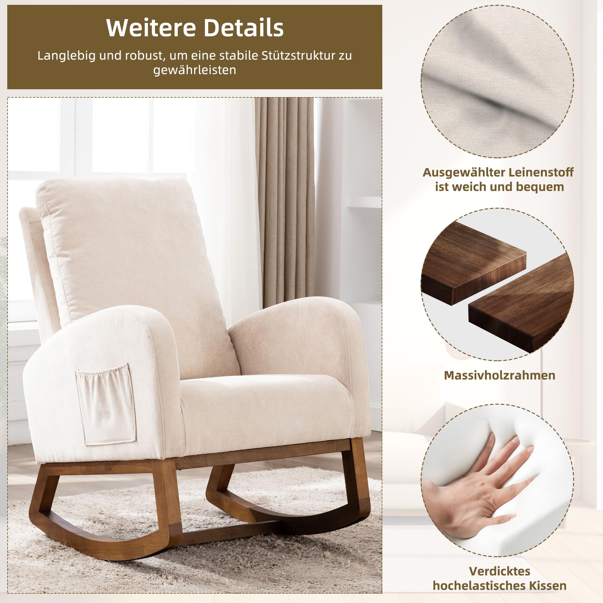 Silla mecedora acolchada para habitación infantil Glider Rocker para bebés y niños, sillón Comfy con bolsillo lateral, sillón de salón con respaldo alto (beige), yaoyi-01