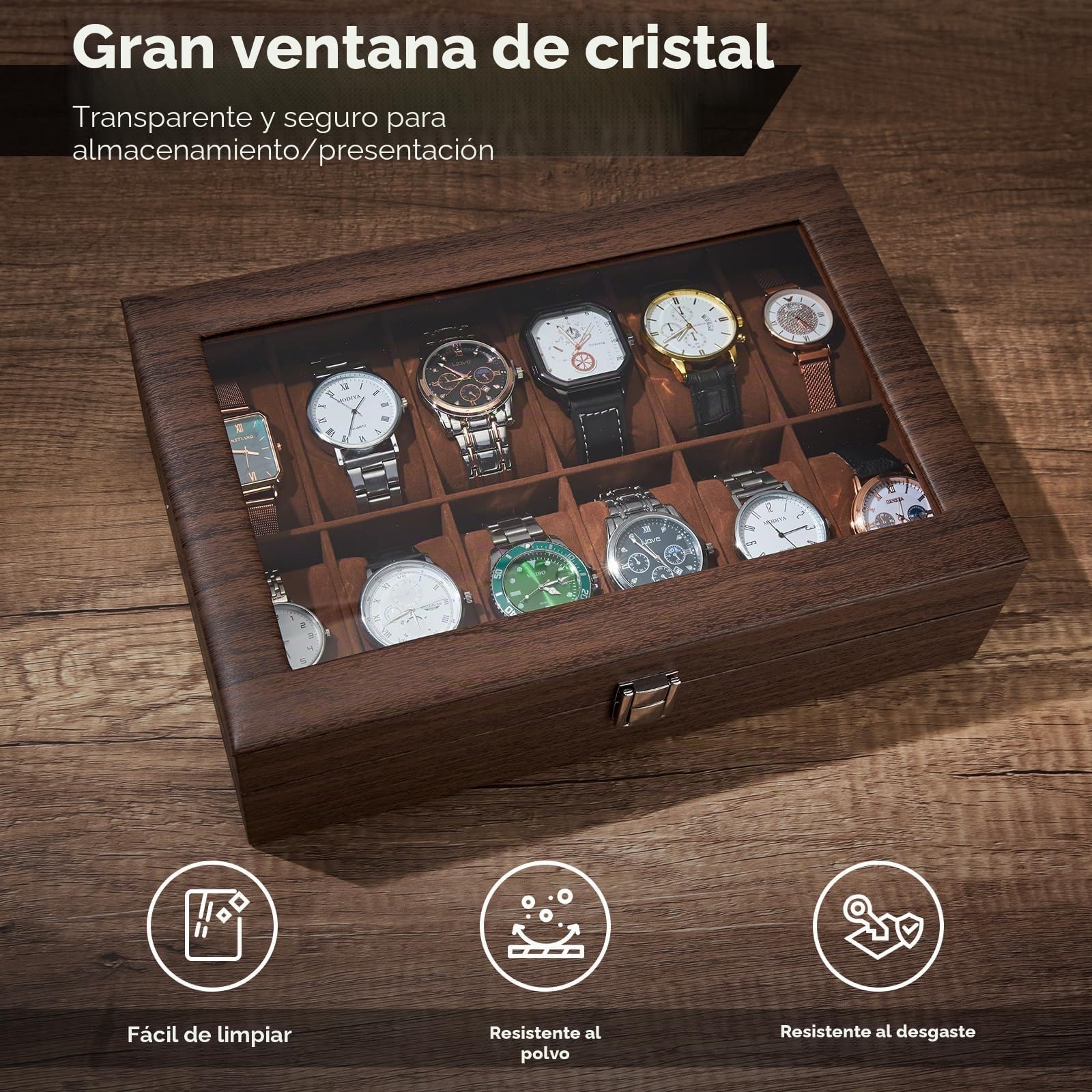 Caja Relojes con 12 Compartimentos, Ohuhu Caja para Relojes con Tapa de Cristal y Cojín ExtraíbleRegalo para Cumpleaños Día del Padre Navidad