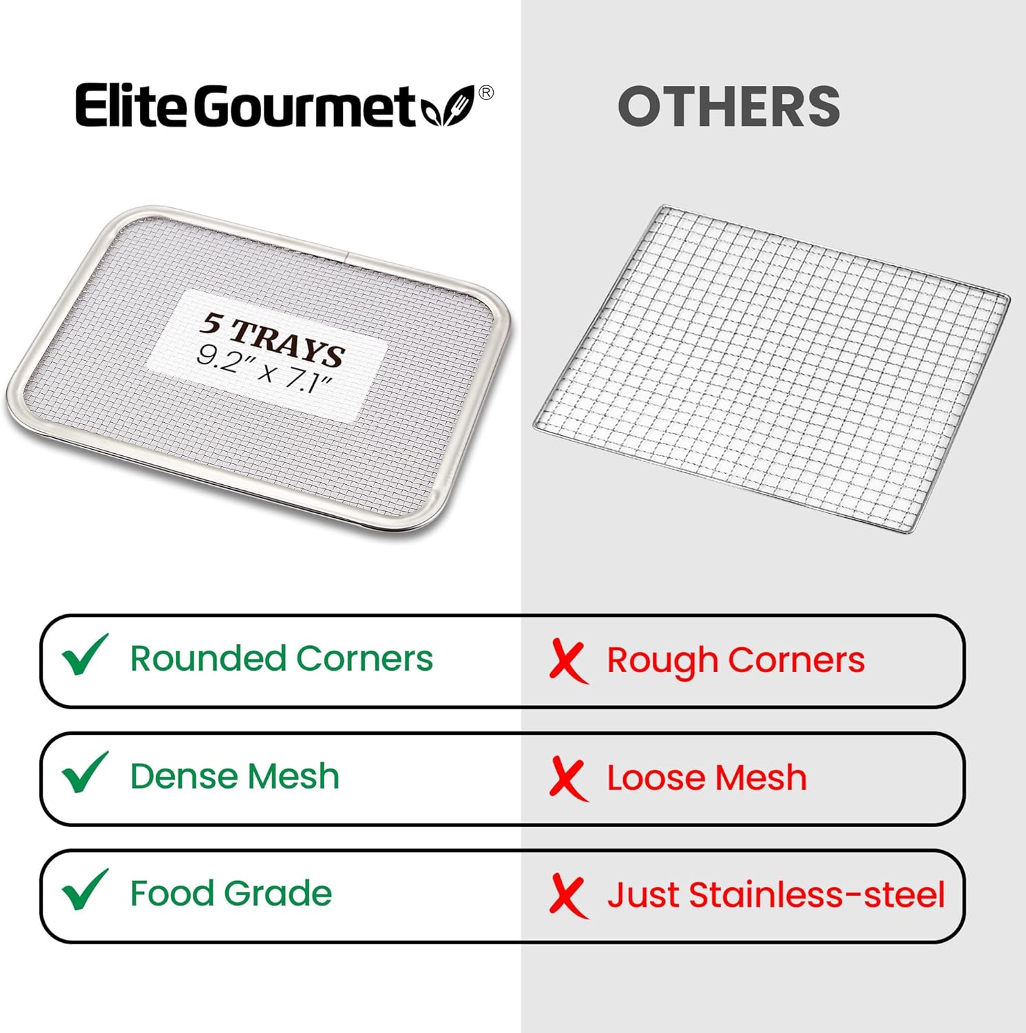 Comparison of Elite Gourmet EFD809D stainless steel tray with rounded corners and dense mesh versus a generic tray with rough corners and loose mesh.