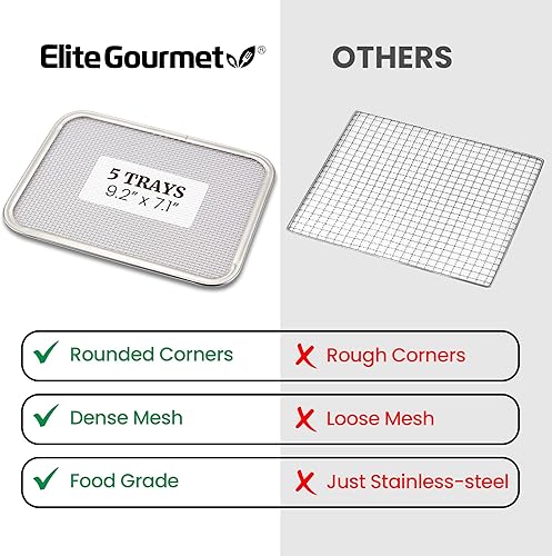 Miniatura 7 de Elite Gourmet EFD809D Deshidratador de Alimentos con 5 Bandejas de Acero Inoxidable, Temperatura y Tiempo Ajustables + Mantener Caliente, Incluye