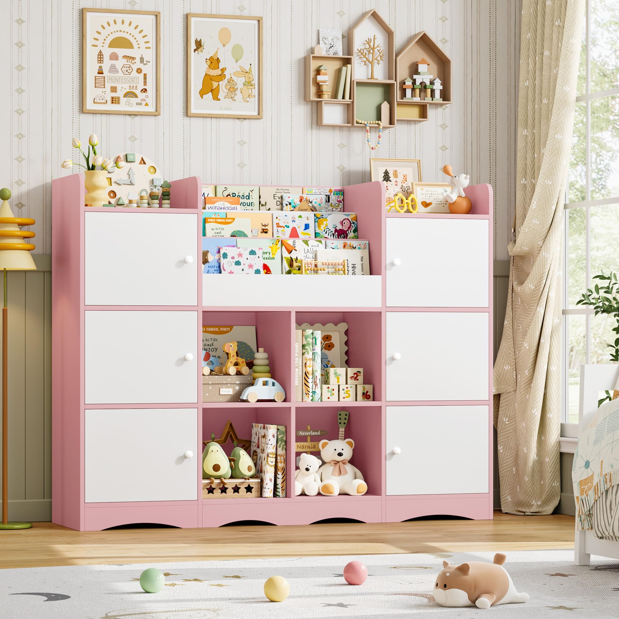 FOREHILL Meuble Rangement Enfant Bibliothèque Enfant avec 6 Portes 15 Étagères de Rangement Jouet Enfants pour Chambre Salle de Jeu 140x30x106 cm Rose