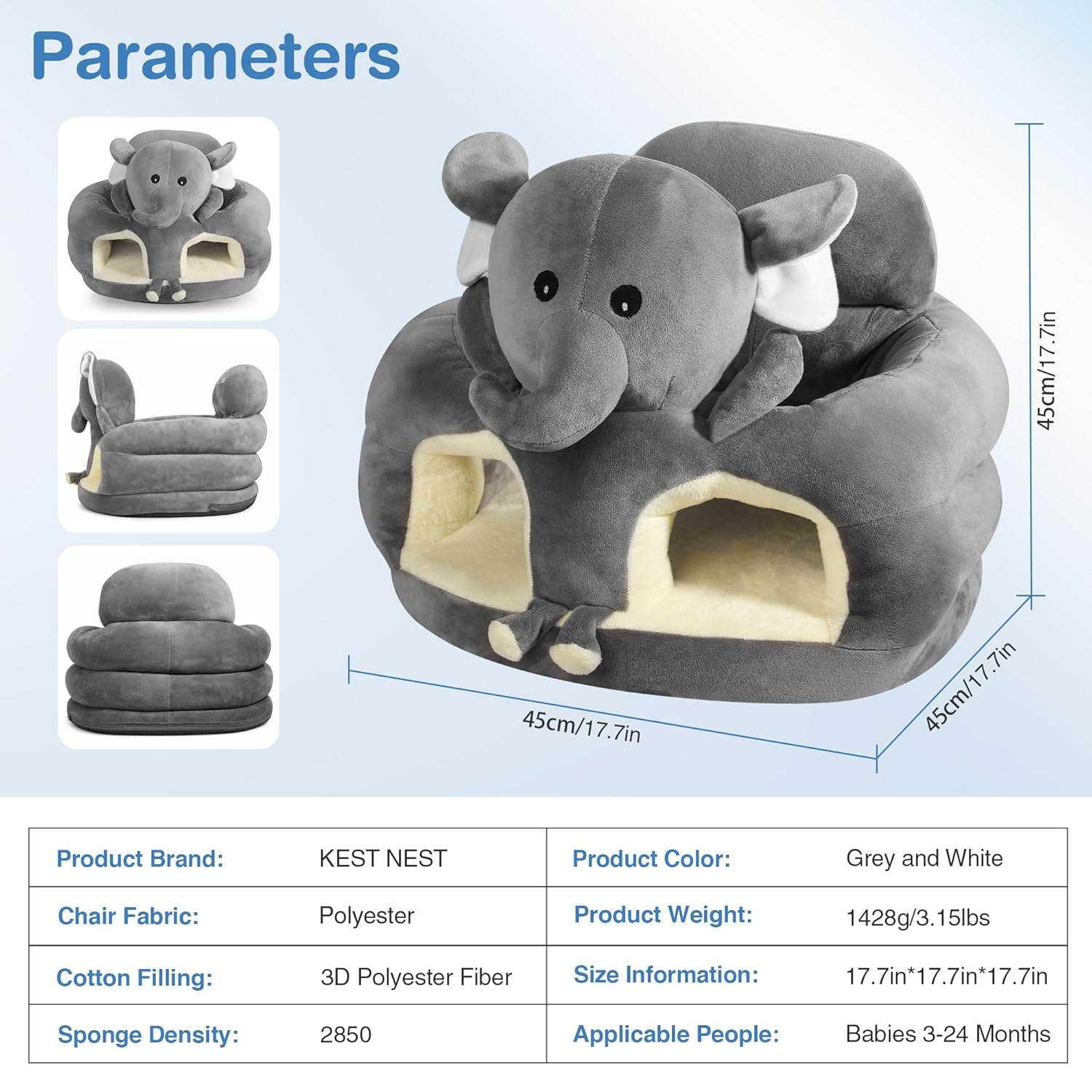 Sit Up Floor Seat for Baby 3-24 Months, Plush Animal Shaped Support Floor Chair Learning to Sit, Infant Toddler Baby Sofa with Cotton Filling, Non-Slip Bottom, Grey