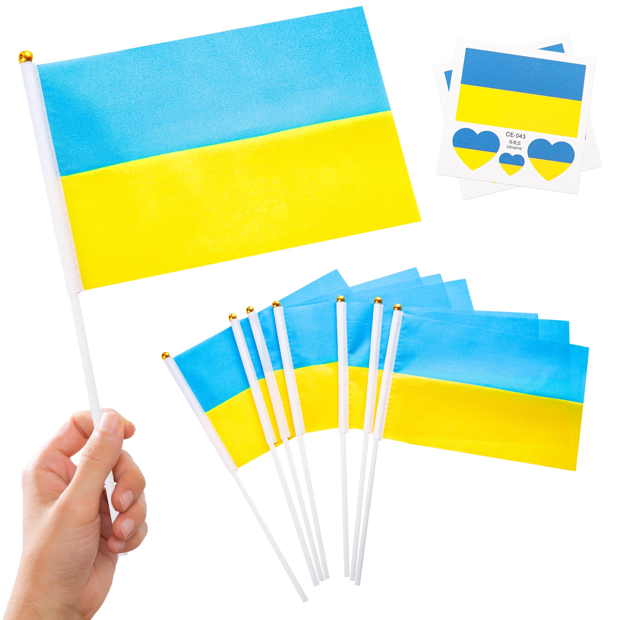 Ukraine Decorations 10pcs Small Ukraine Flags on Sticks & 2pcs Tattoos