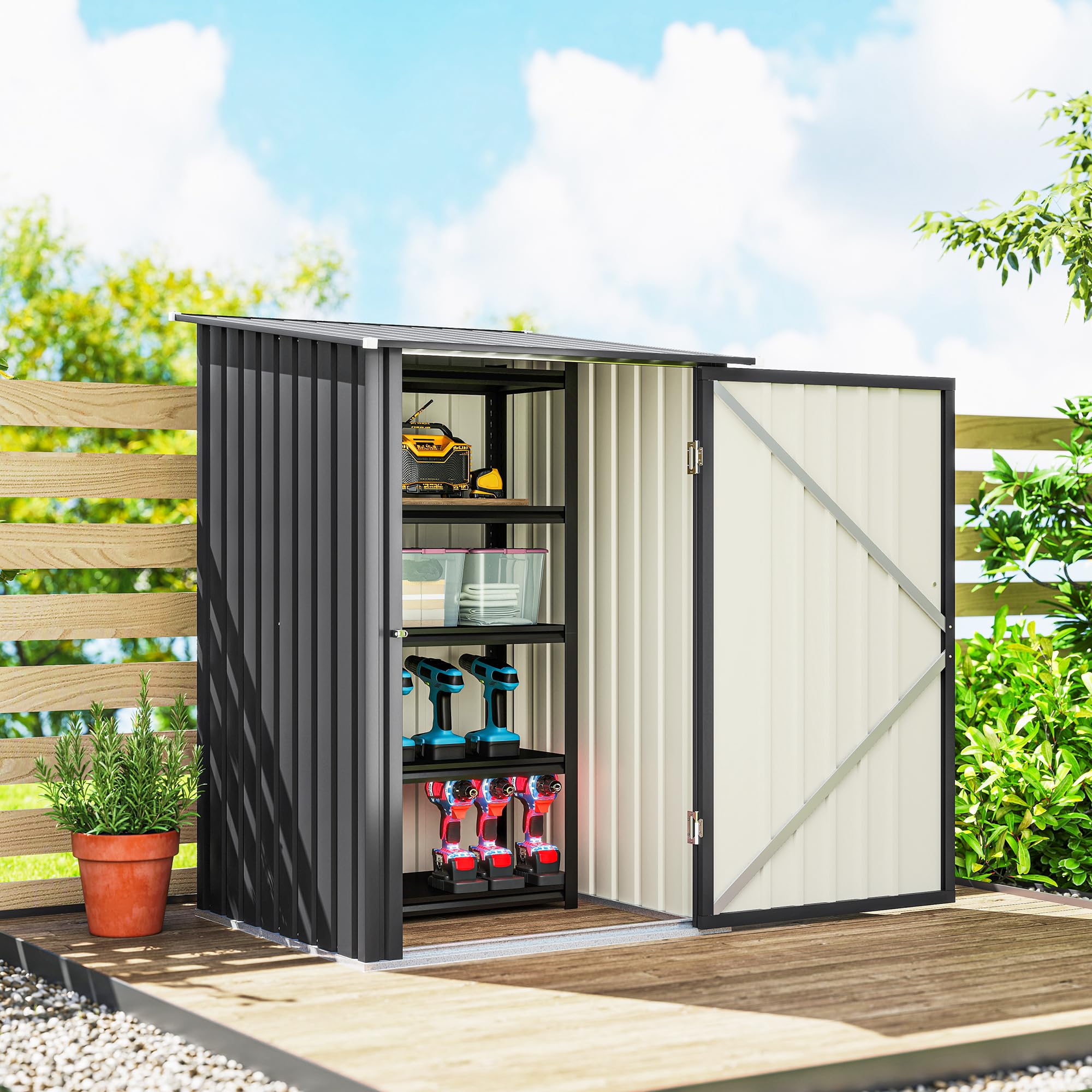 Outsunny Casetta da Giardino 0.92m² in Acciaio Zincato, Capanno Porta Attrezzi con Porta Battente Bloccabile, Tetto Inclinato, 100x104x160 cm, Grigio Scuro