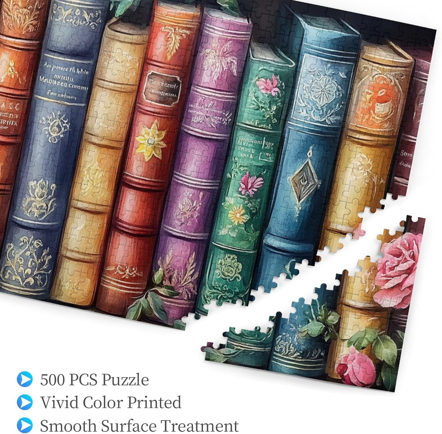Book and Flower Puzzle, Retro Aesthetic Puzzle Art, Vintage Bookshelf Puzzles for Adults 500 Pieces, Puzzles for Adults 500 Pieces, Difficult Challenging Hard Puzzle for Book Lovers