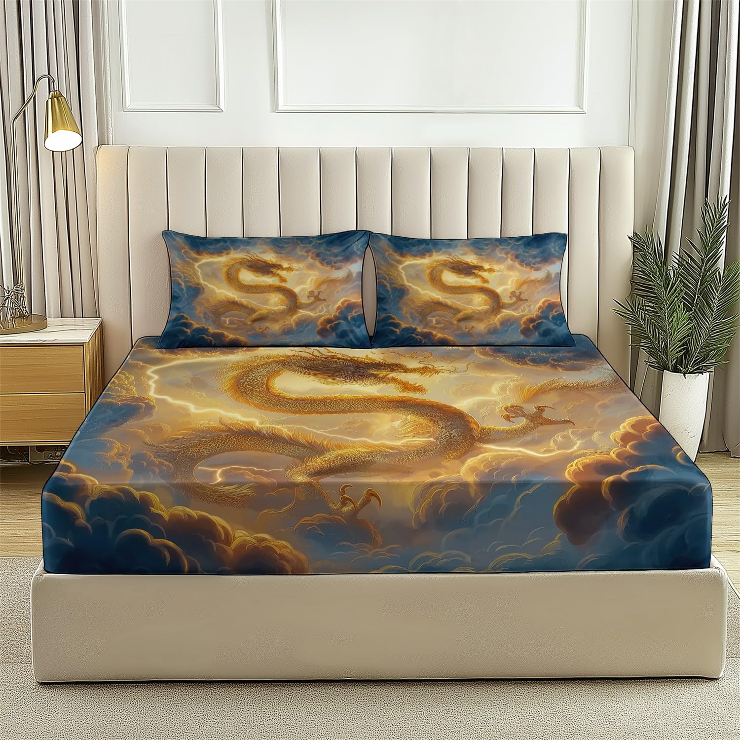 Juego de sábanas bajeras ajustables para adultos, 140 x 200 cm, suave, transpirable, microfibra, estampado oriental, tradicional, diseño de dragón, para niños, niñas, adolescentes, color gris y azul
