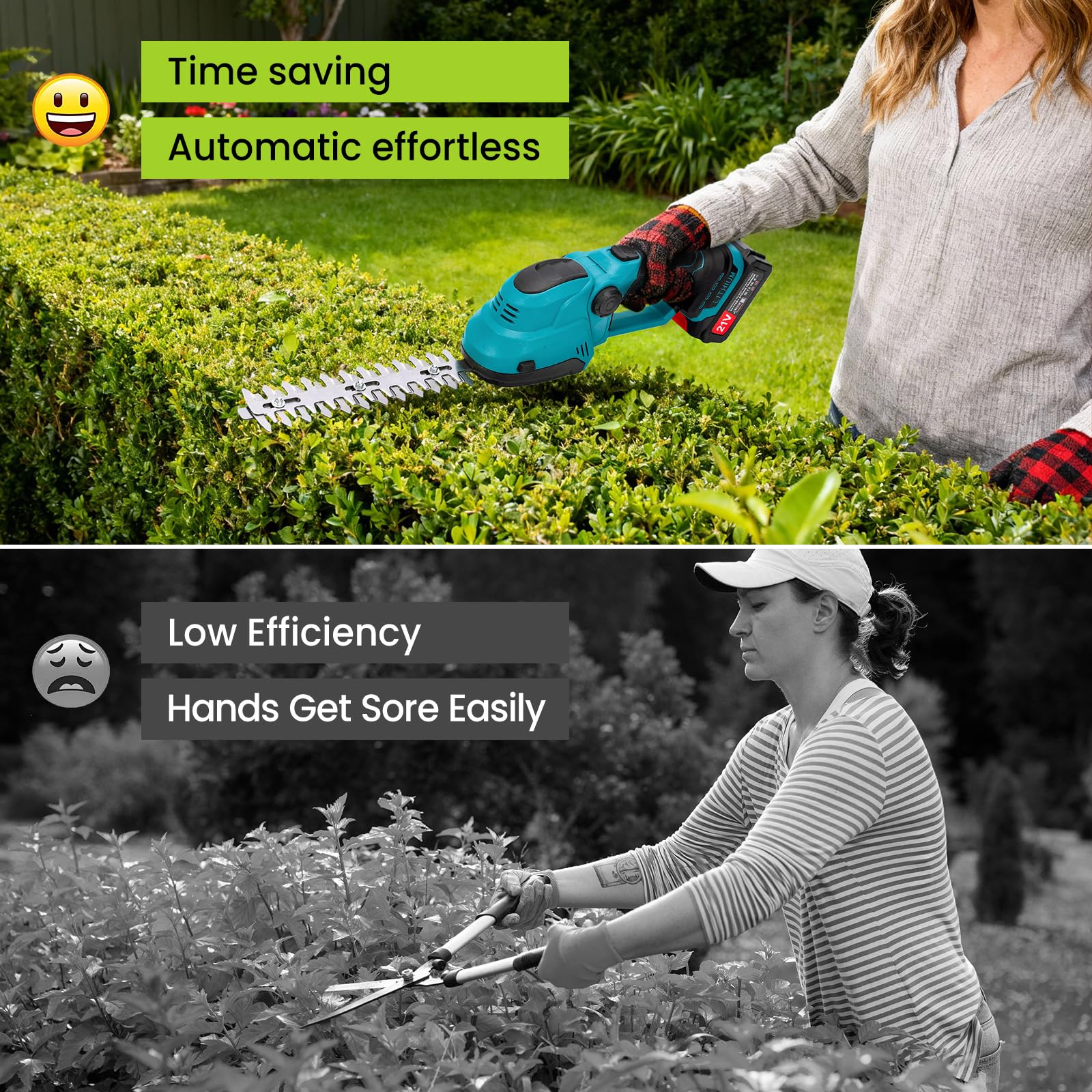 Cortasetos eléctrico 2 en 1 con batería y cargador de 3000 mAh, recortadora de arbustos de 36 cm, cuchillo de hierba de 18 cm, motor sin escobillas, para jardinería compacta