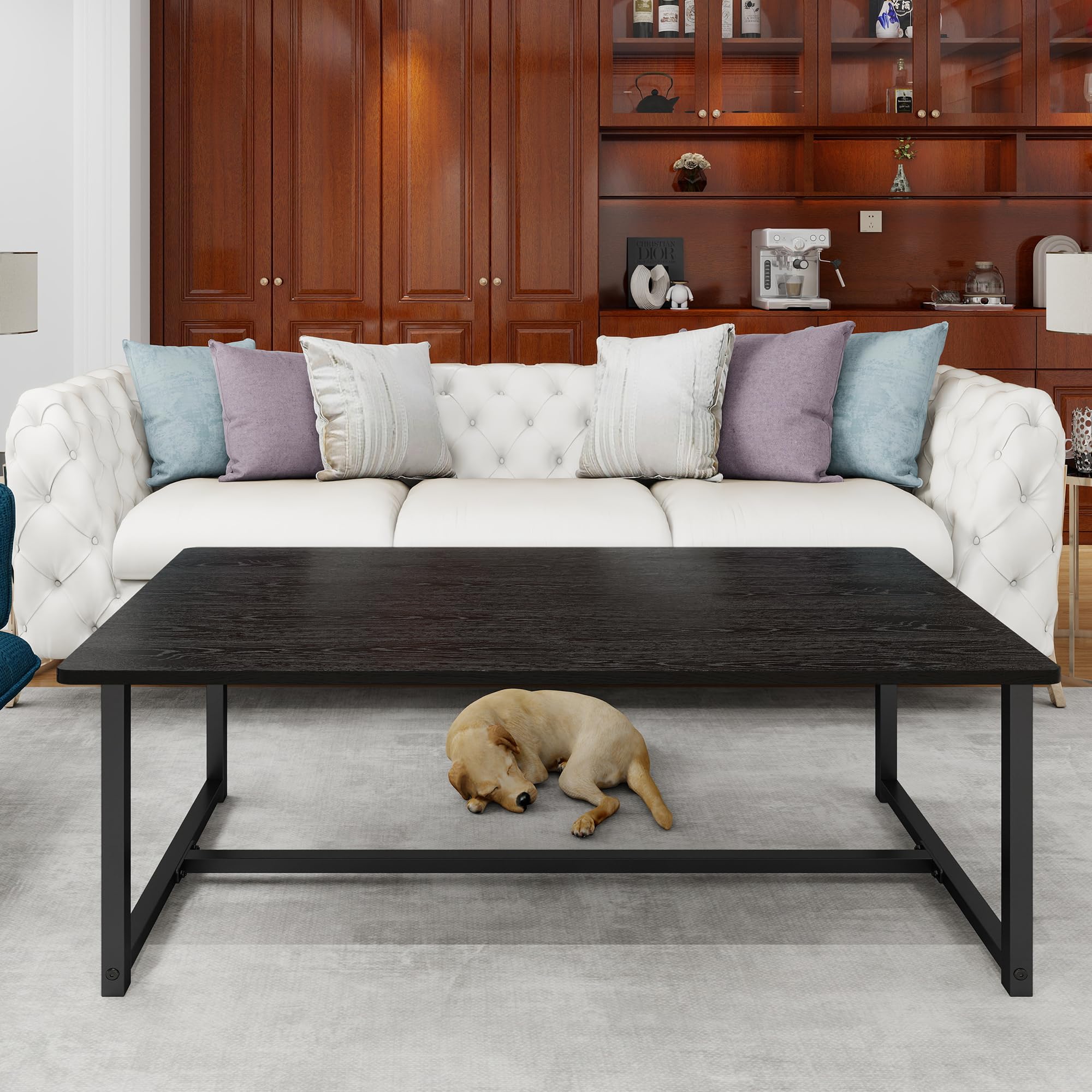 Mesa auxiliar rectangular negra para sala de estar, mesa auxiliar de espacio abierto con marco de metal, fácil montaje, mesa de centro de madera 6