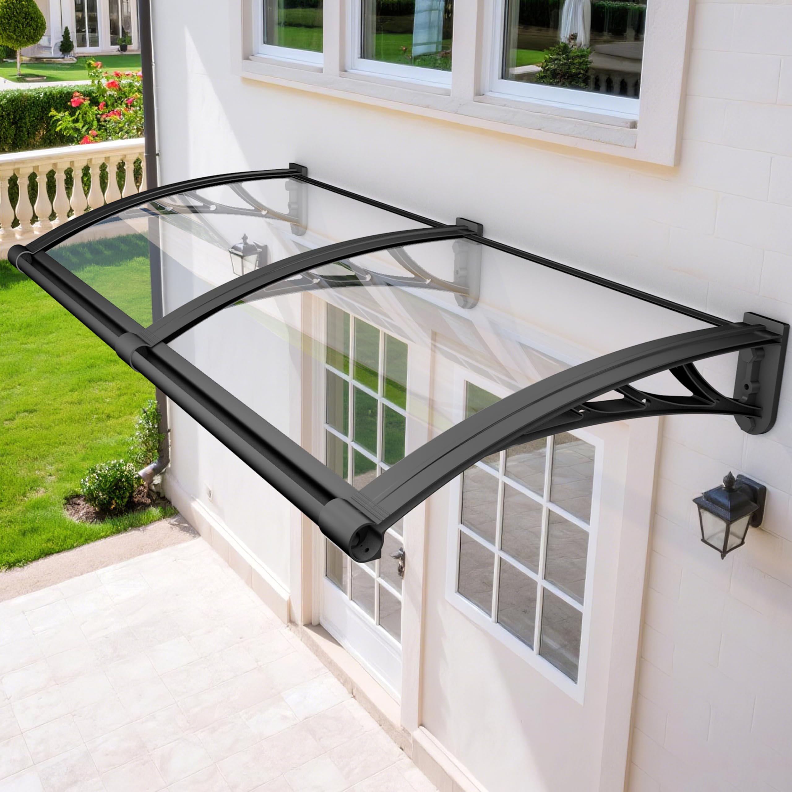 LWJSOCP Rainproof Door Canopy 32x31in UV-Resistant Waterproof Aw with Plastic-Steel Brackets & Polycarbonate Overhang for Porch Patio and Front Door Protection