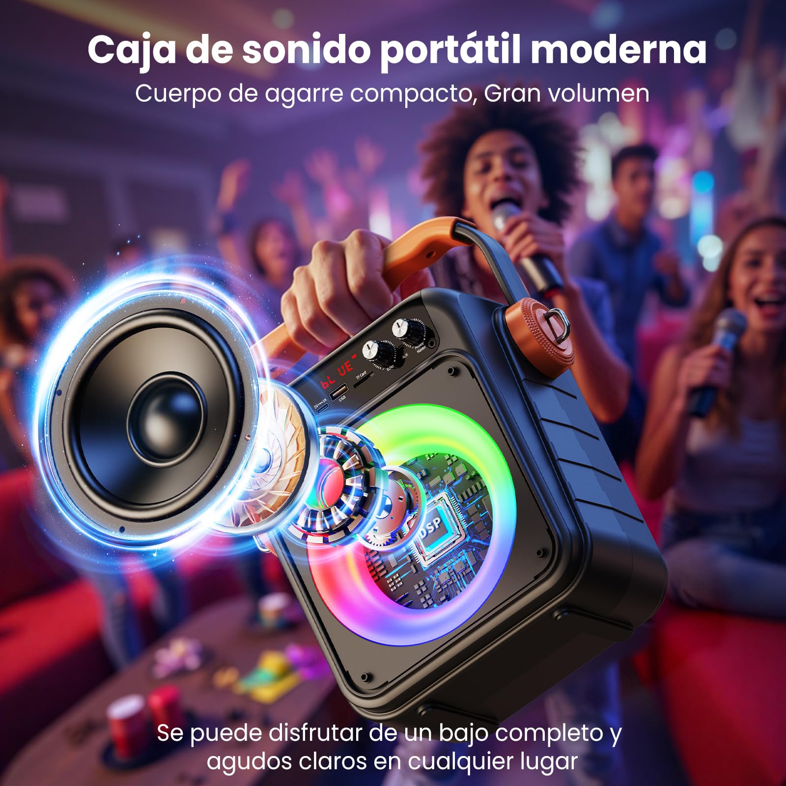 JYX Karaoke con 2 micrófonos inalámbricos: Altavoz portátil Karaoke Bluetooth 5.3, Sistema PA para Familiares con subwoofer, Soporte Rec/AUX/USB/TF, Disponible como Regalo Adultos y niños