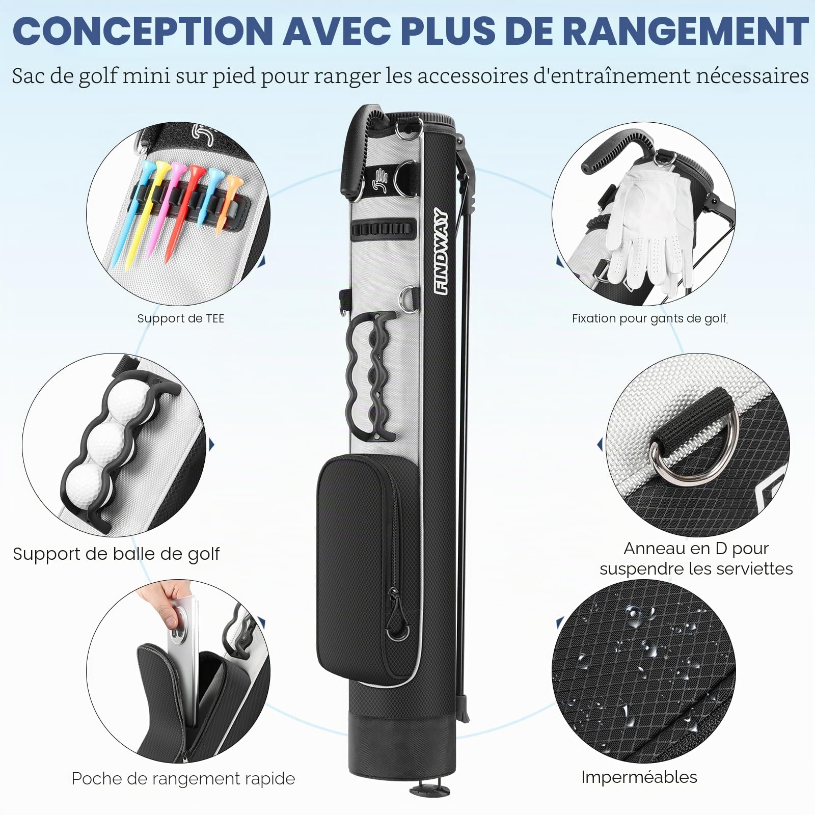 Findway Sac de Golf Léger à Pied avec Sangle, Facile à Porter et Durable pour Le Parcours de Practice, Le par 3 et Les Parcours Exécutifs, 31,5 Pouces de Hauteur
